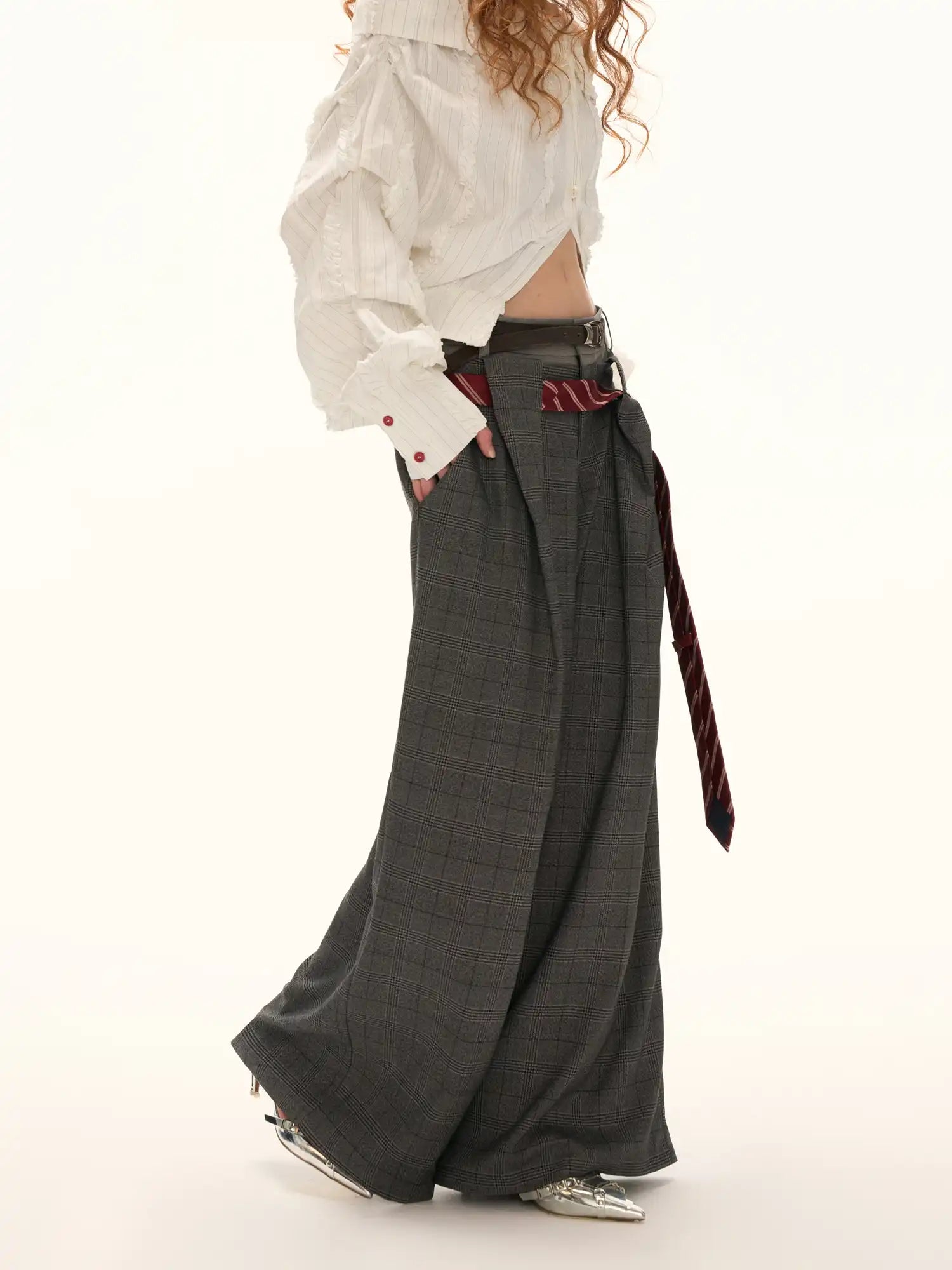 Double-Waisted Glen Check Wide-Leg Trousers