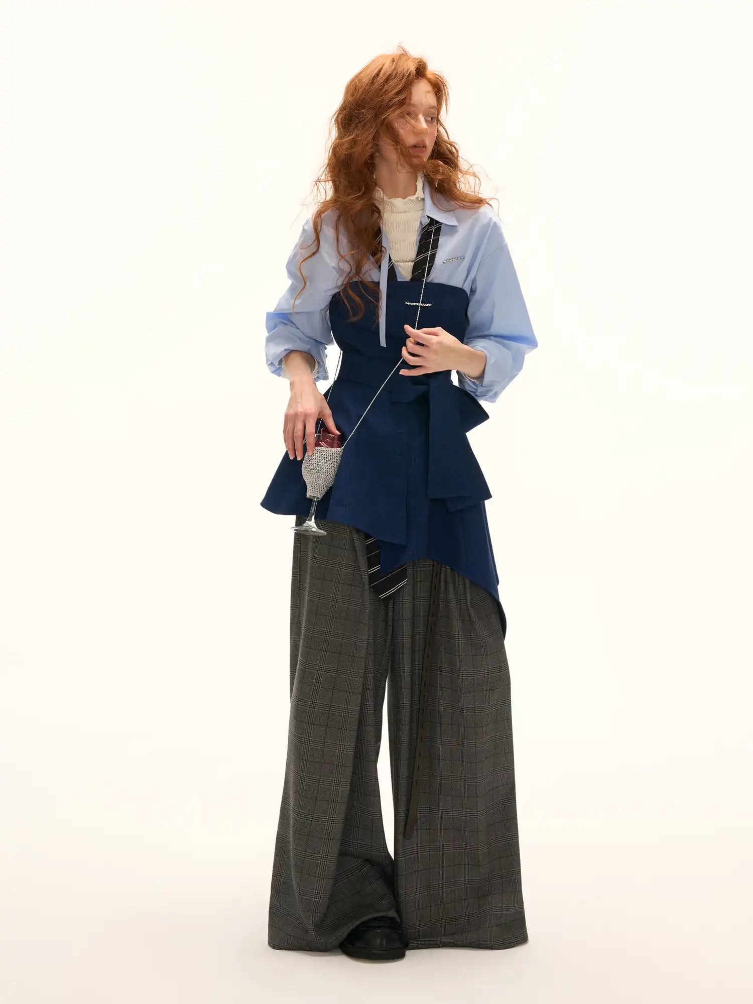Double-Waisted Glen Check Wide-Leg Trousers