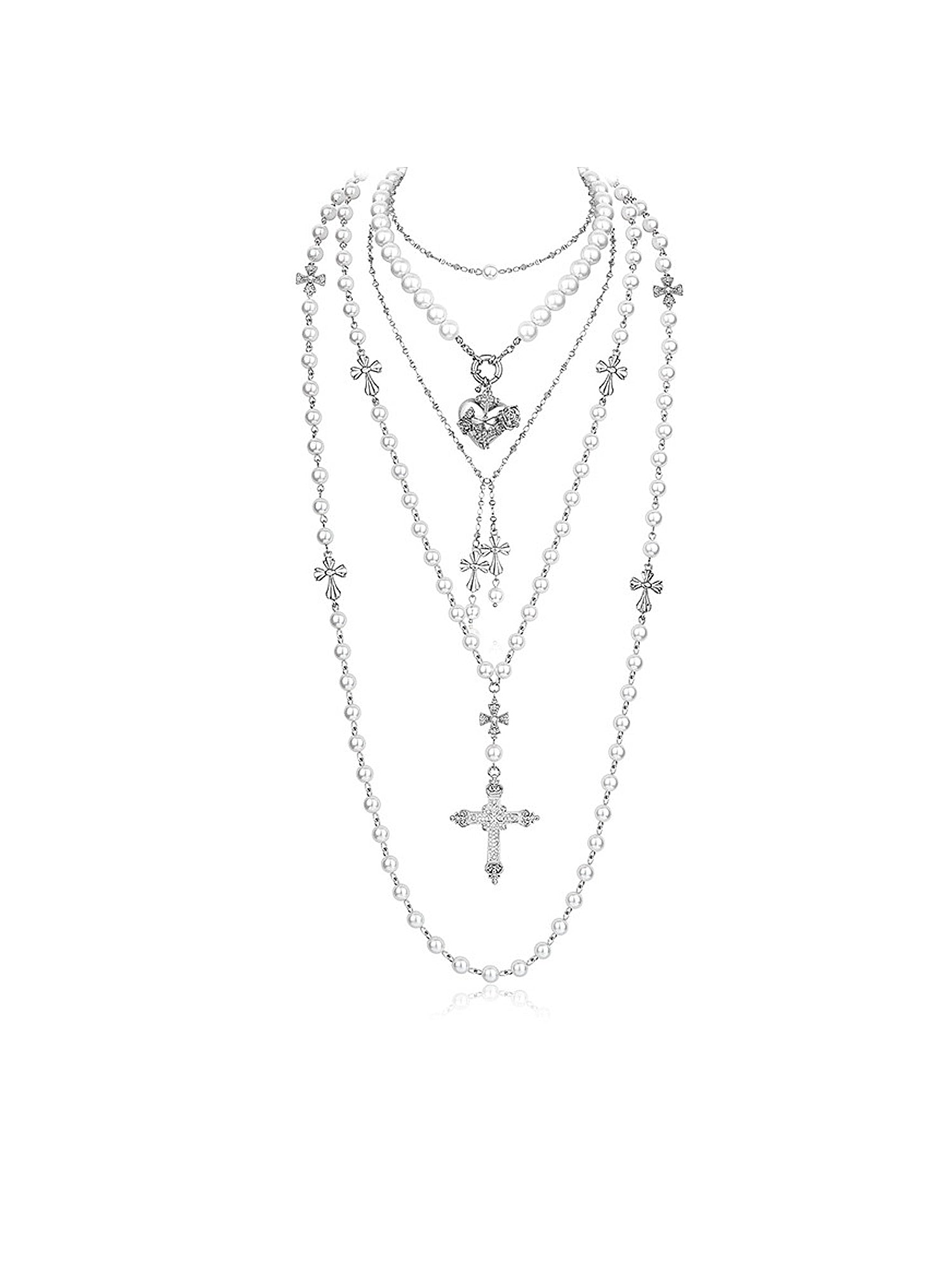 Layered Pearl Cross Necklace