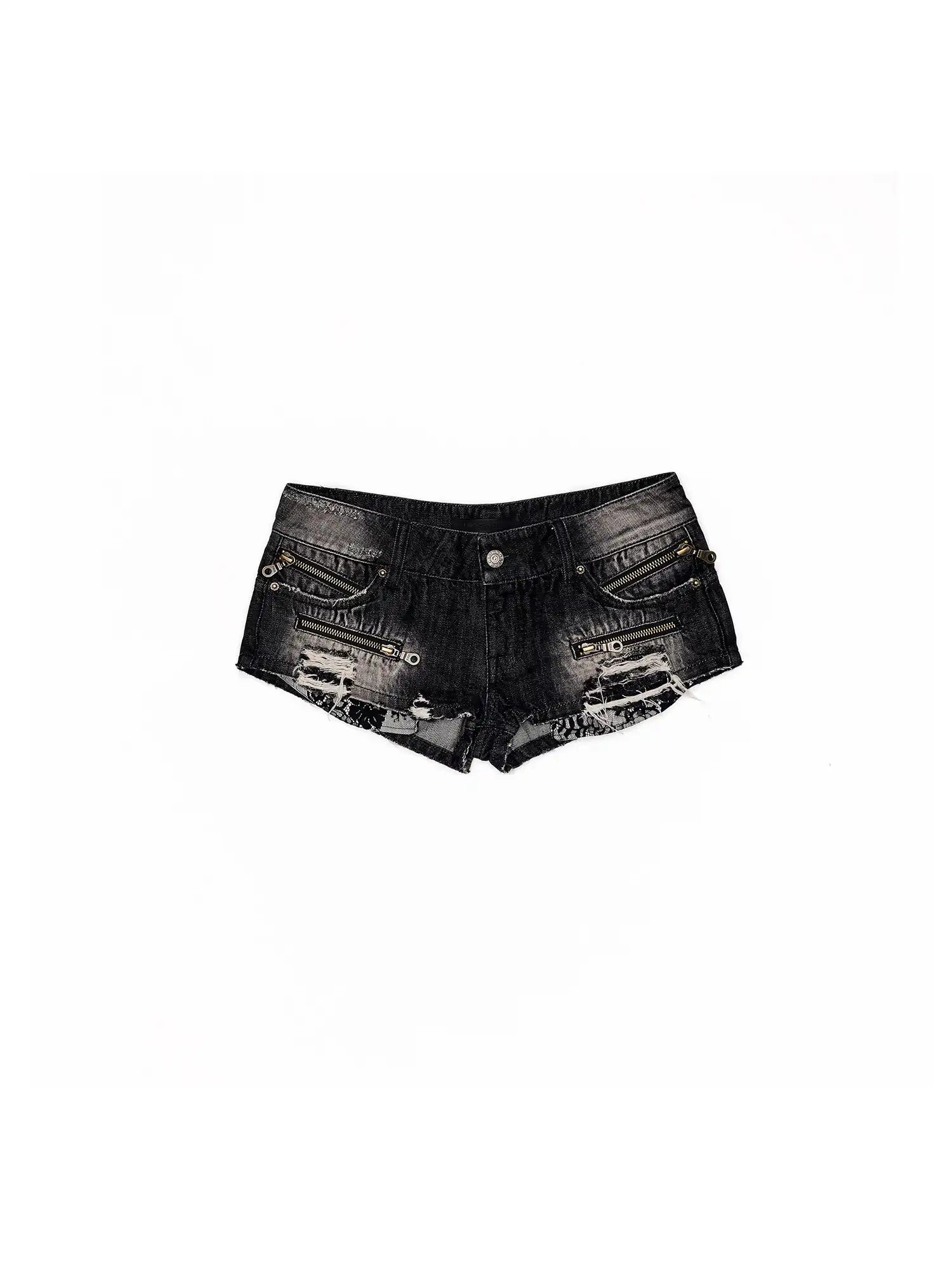 Y2K Punk Lace Trim Black Mini Denim Shorts