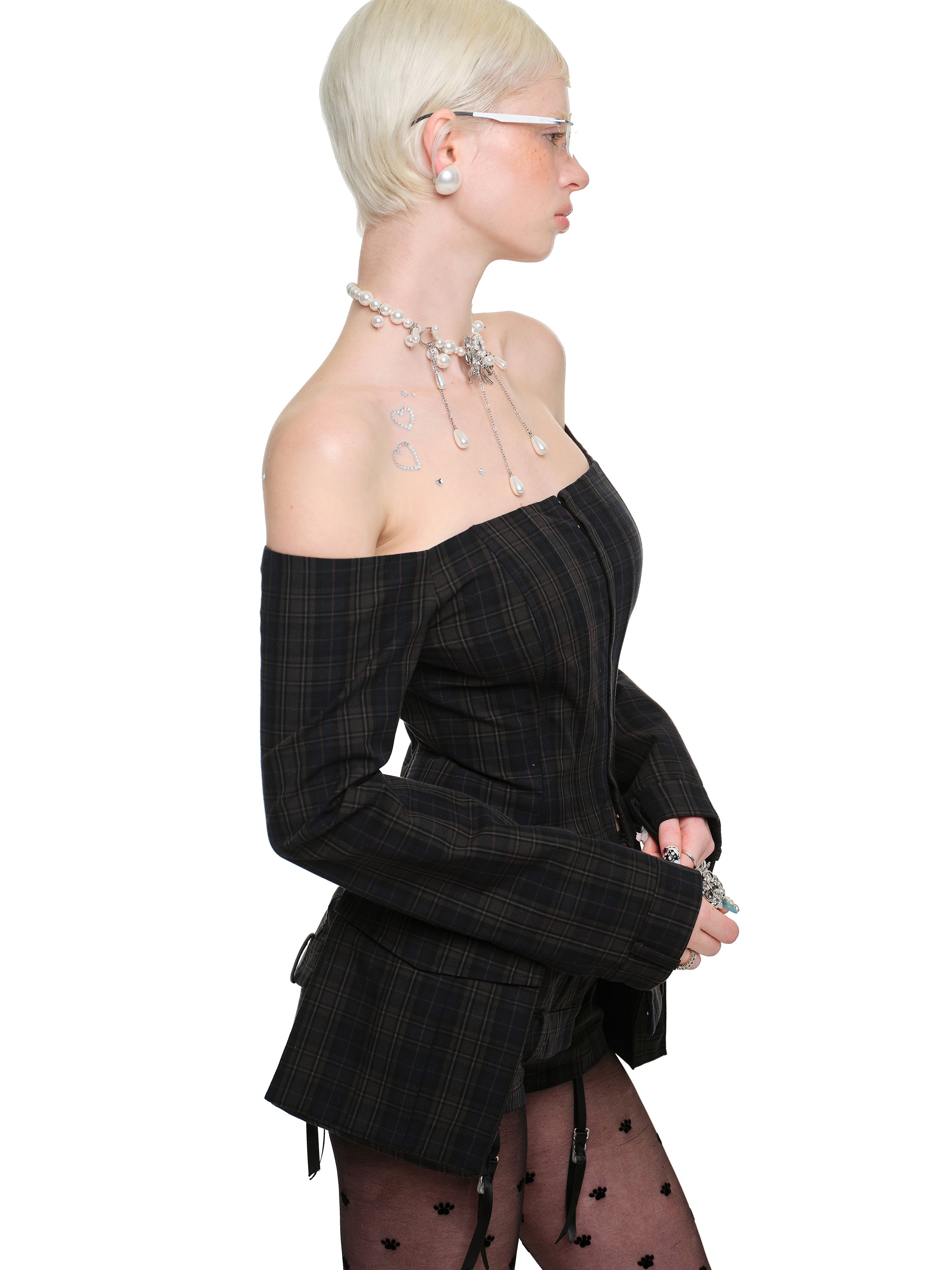 Shoulder-Baring Plaid Blazer