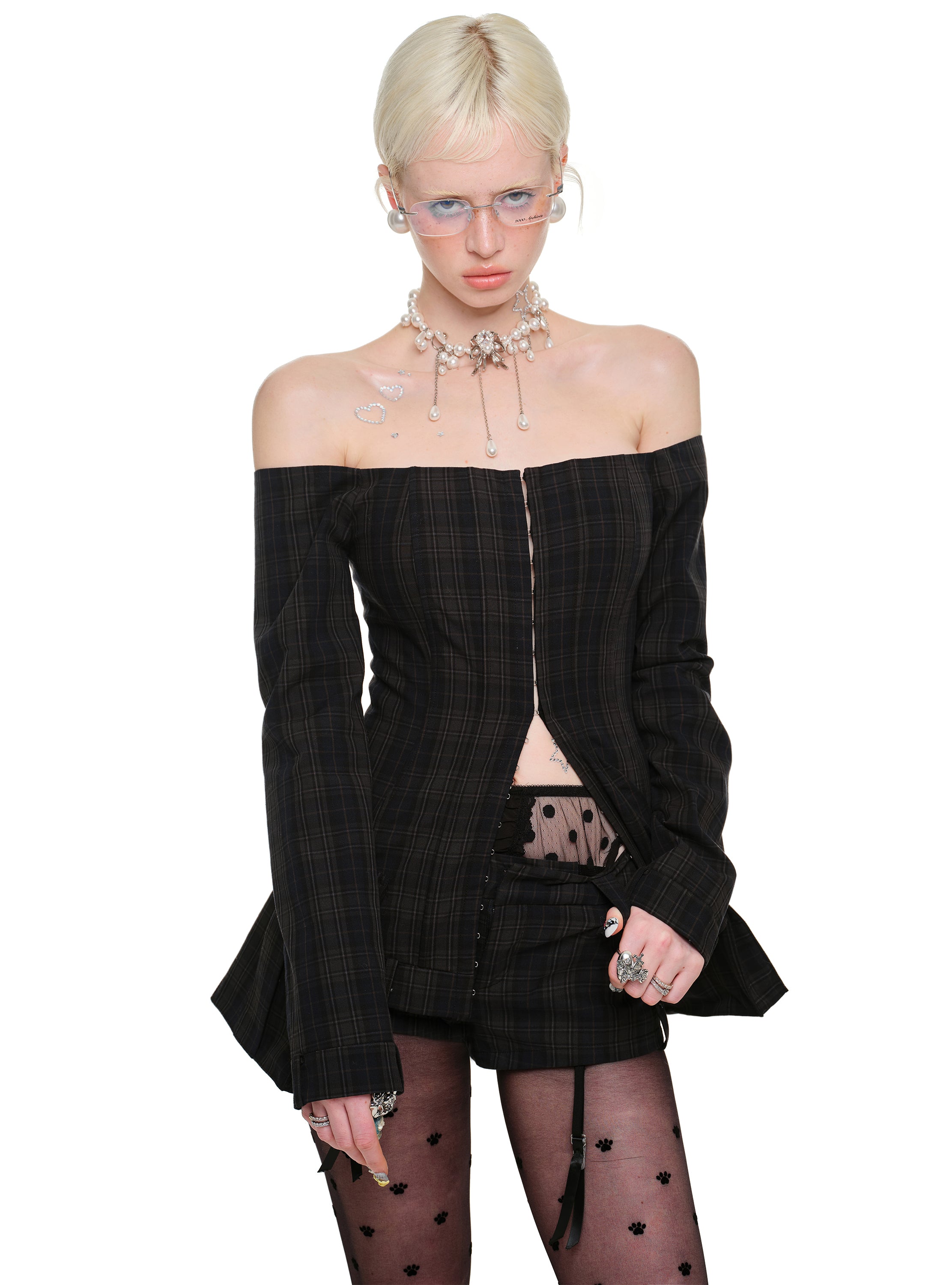 Shoulder-Baring Plaid Blazer