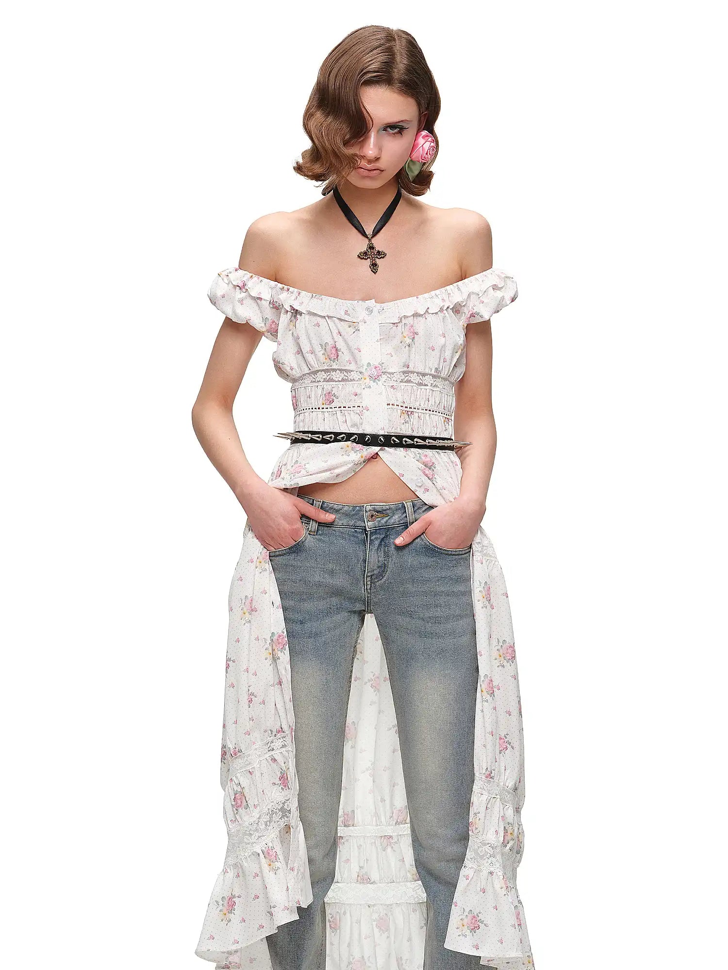 Button Up Off Shoulder Floral Midi Dress