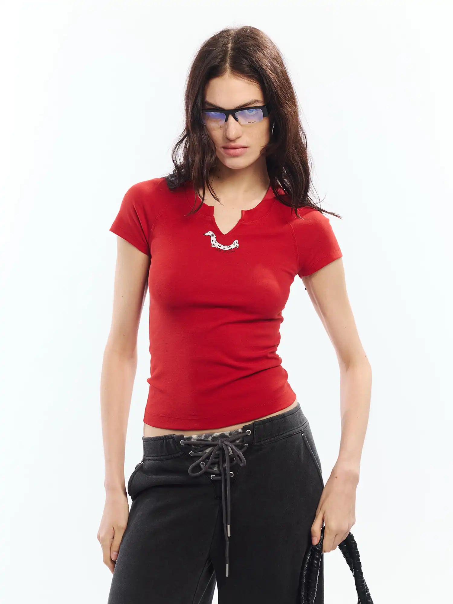 2th Desire Dalmatian Graphic Notched V Neck Crop Top | Canton Collective