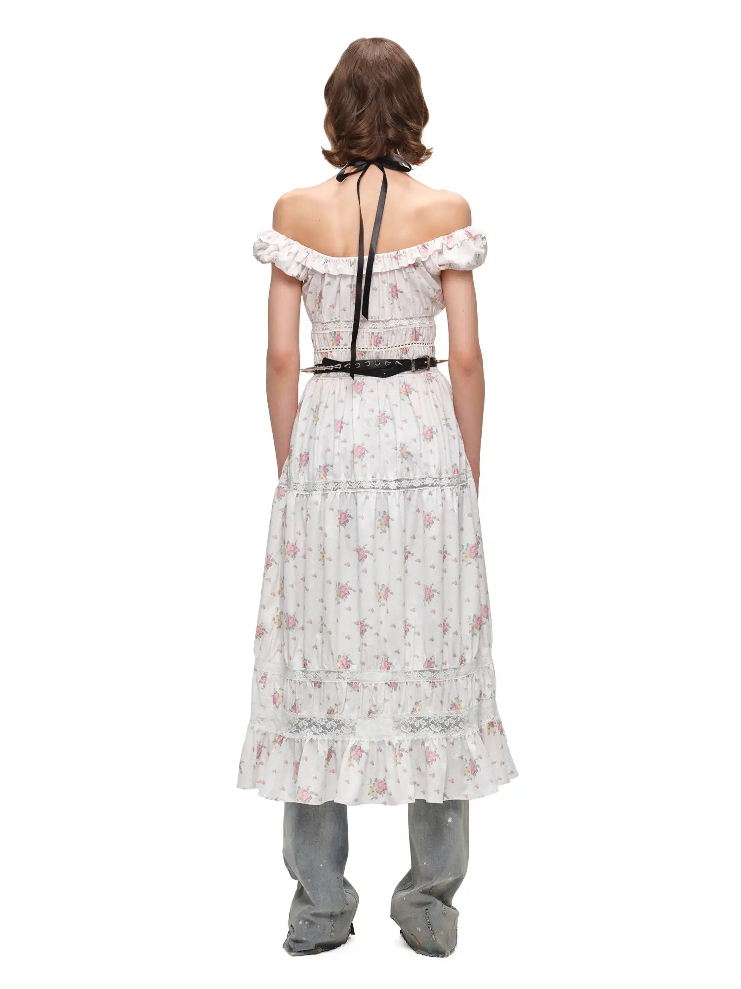 Button Up Off Shoulder Floral Midi Dress