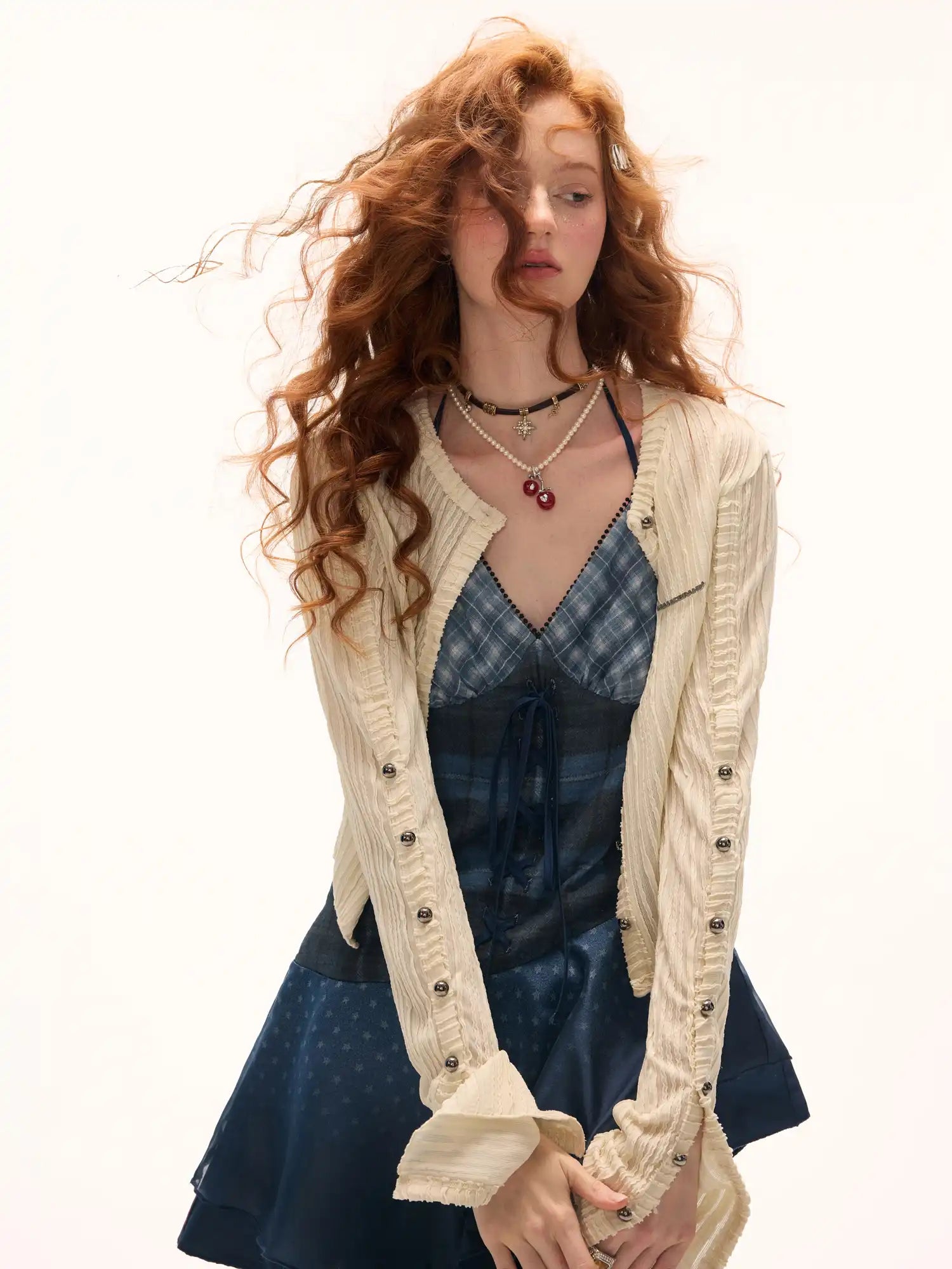 Blue Plaid Halterneck Mesh Mini Dress