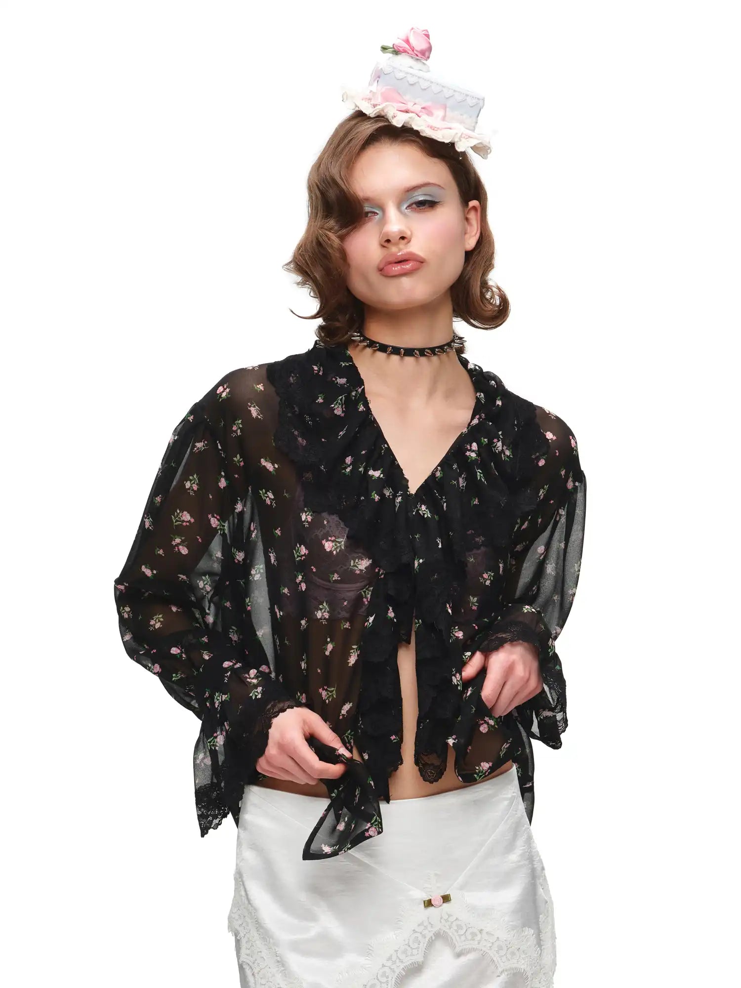 Black Floral Semi-Sheer Chiffon Blouse