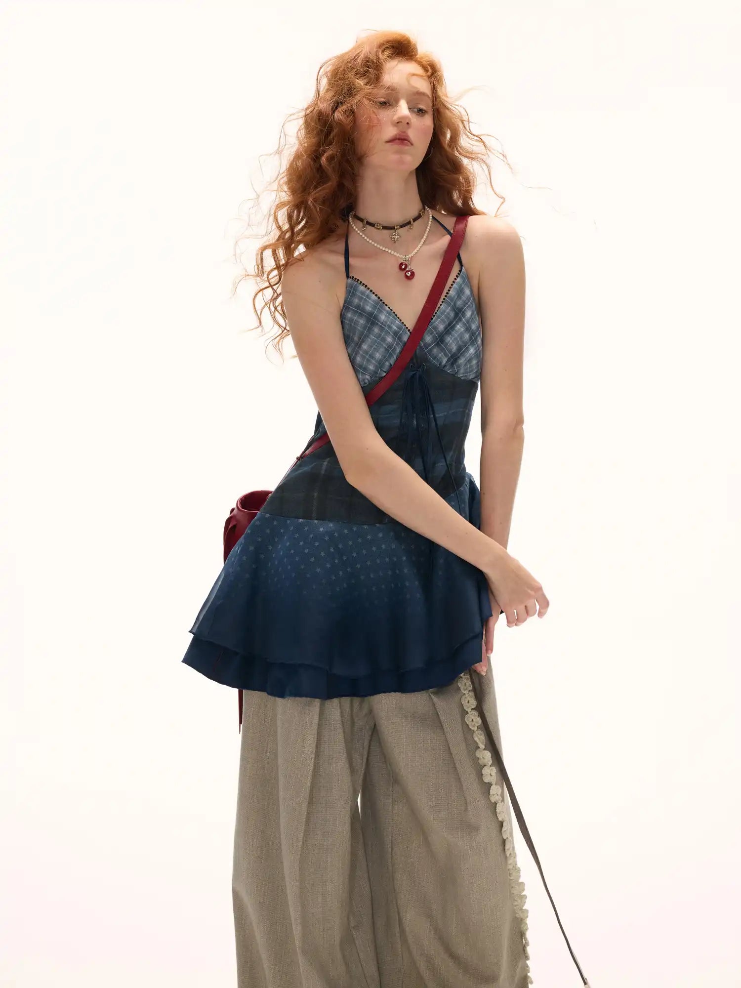 Blue Plaid Halterneck Mesh Mini Dress