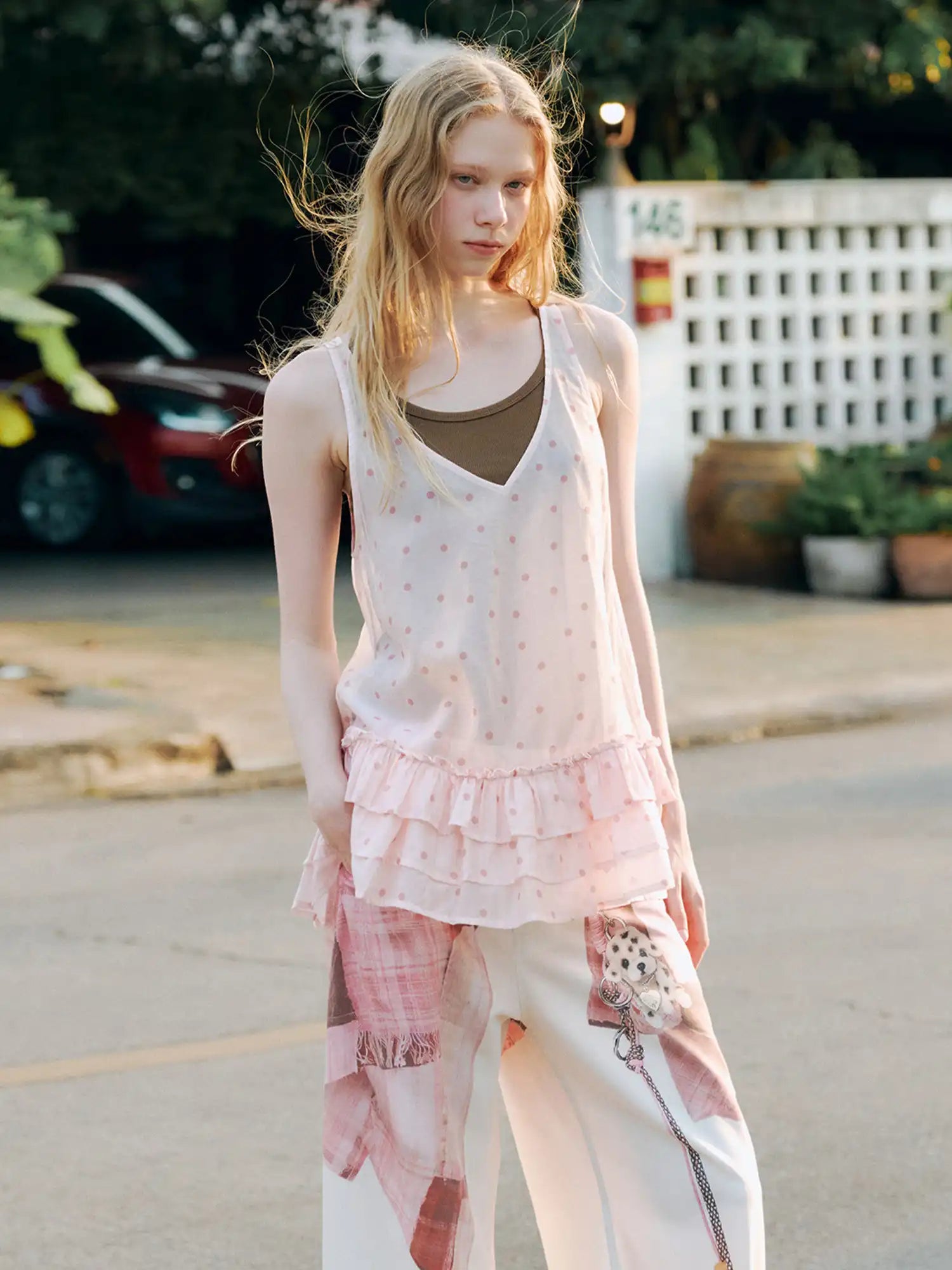Pink Polka Dot Tiered Ruffle V-Neck Tank Dress