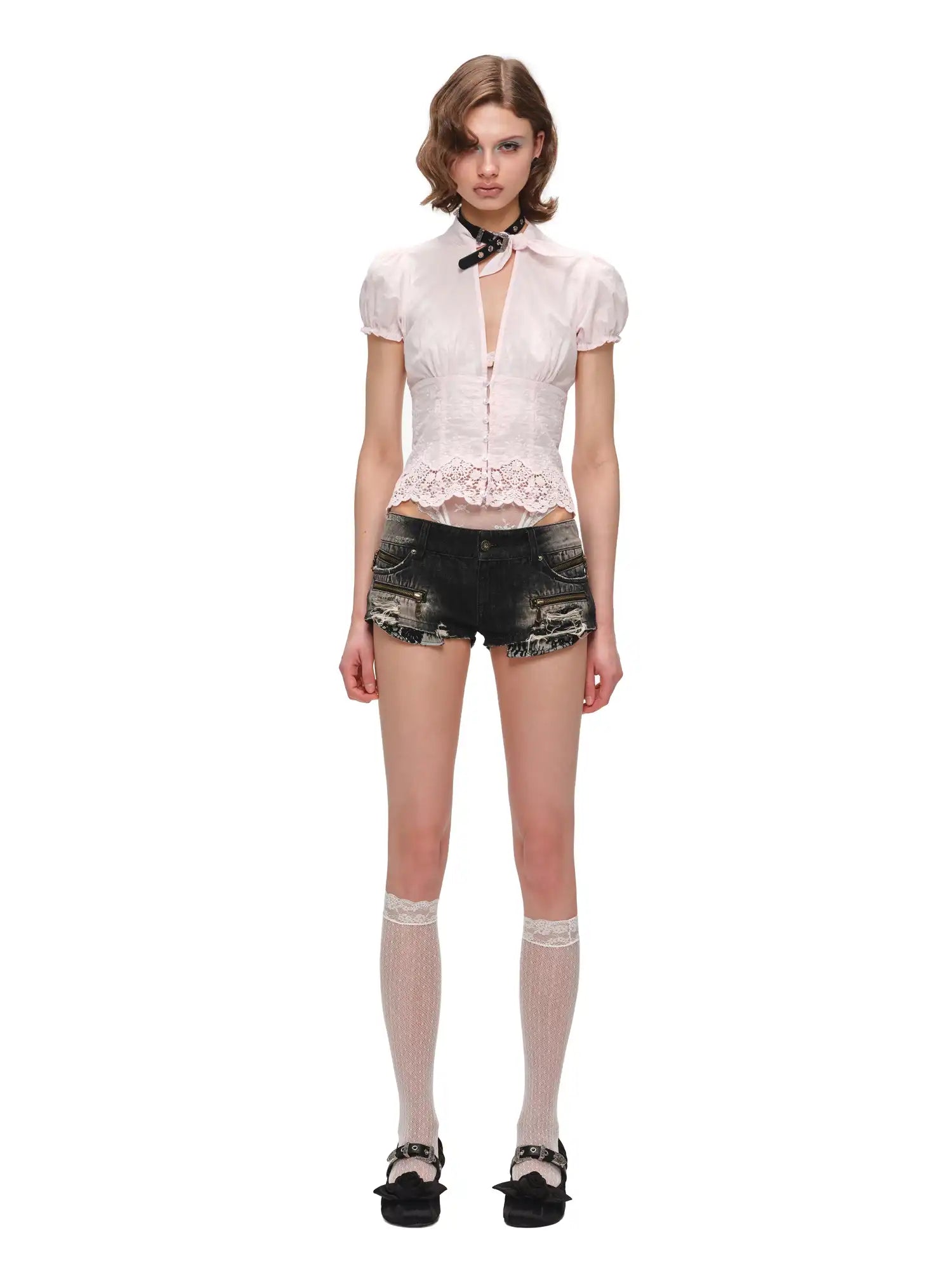 Cinched Waist Cotton Eyelet Crop Top