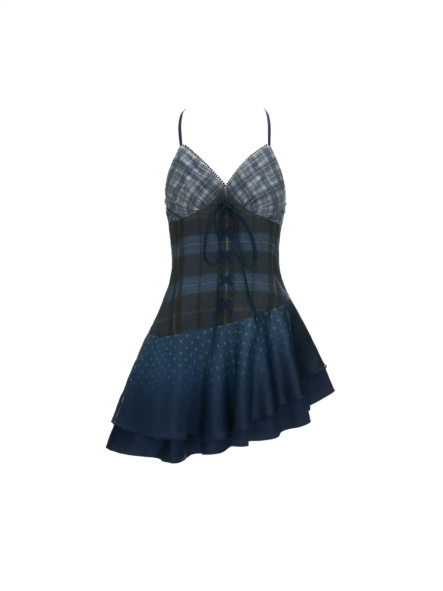 Blue Plaid Halterneck Mesh Mini Dress