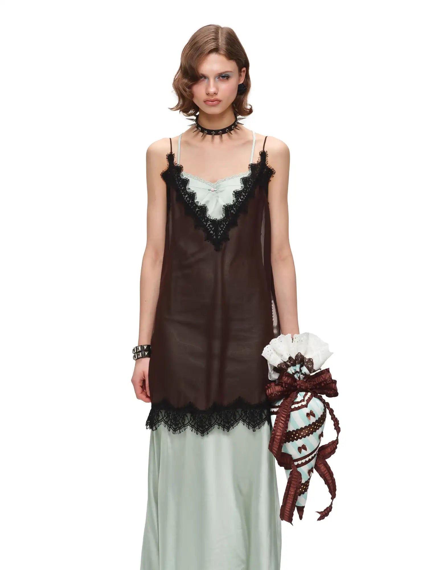 Two Piece Lace Trim Satin Midi Slip Dress