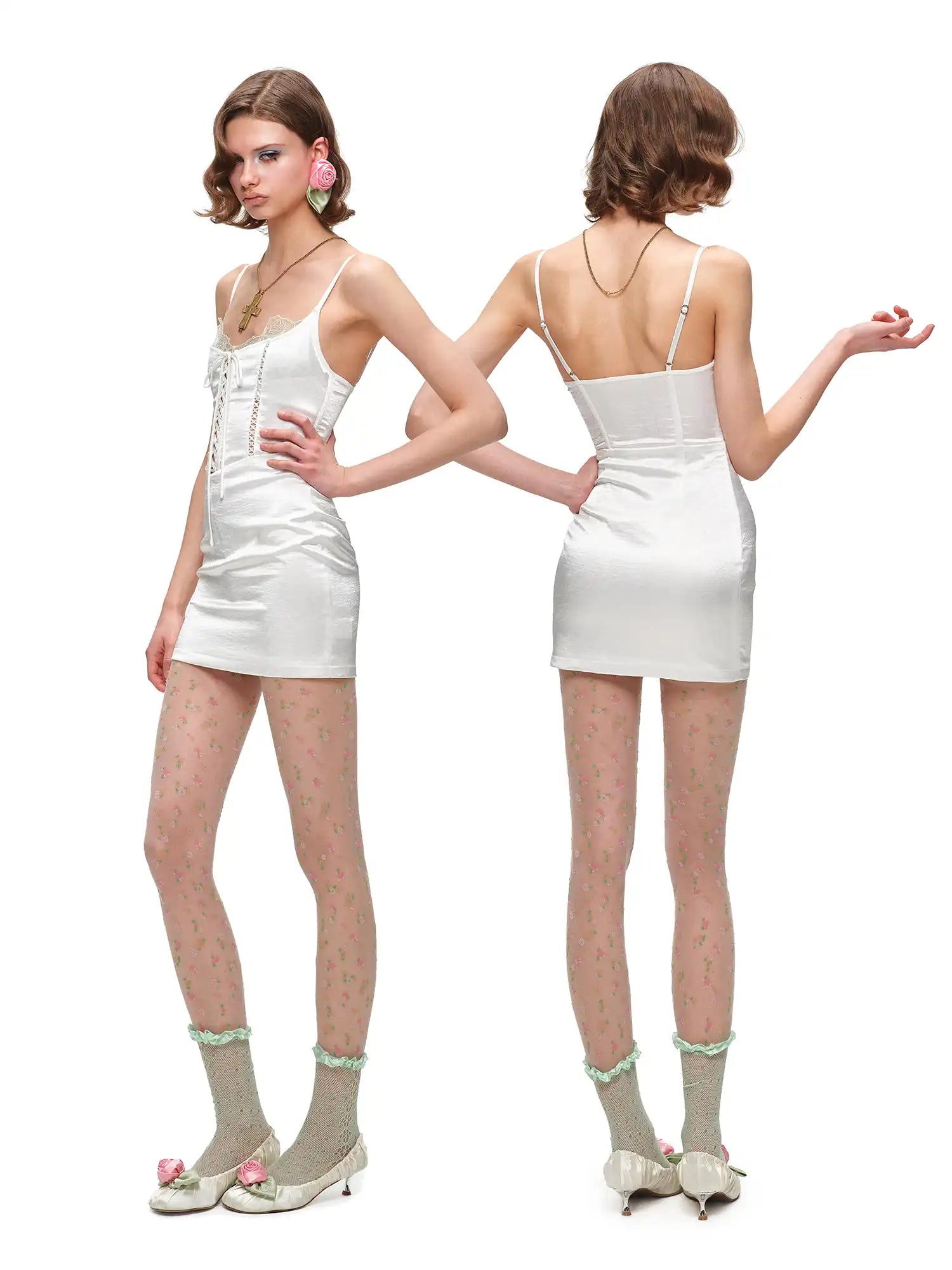 Faux-Layered Satin Lace Mini Dress