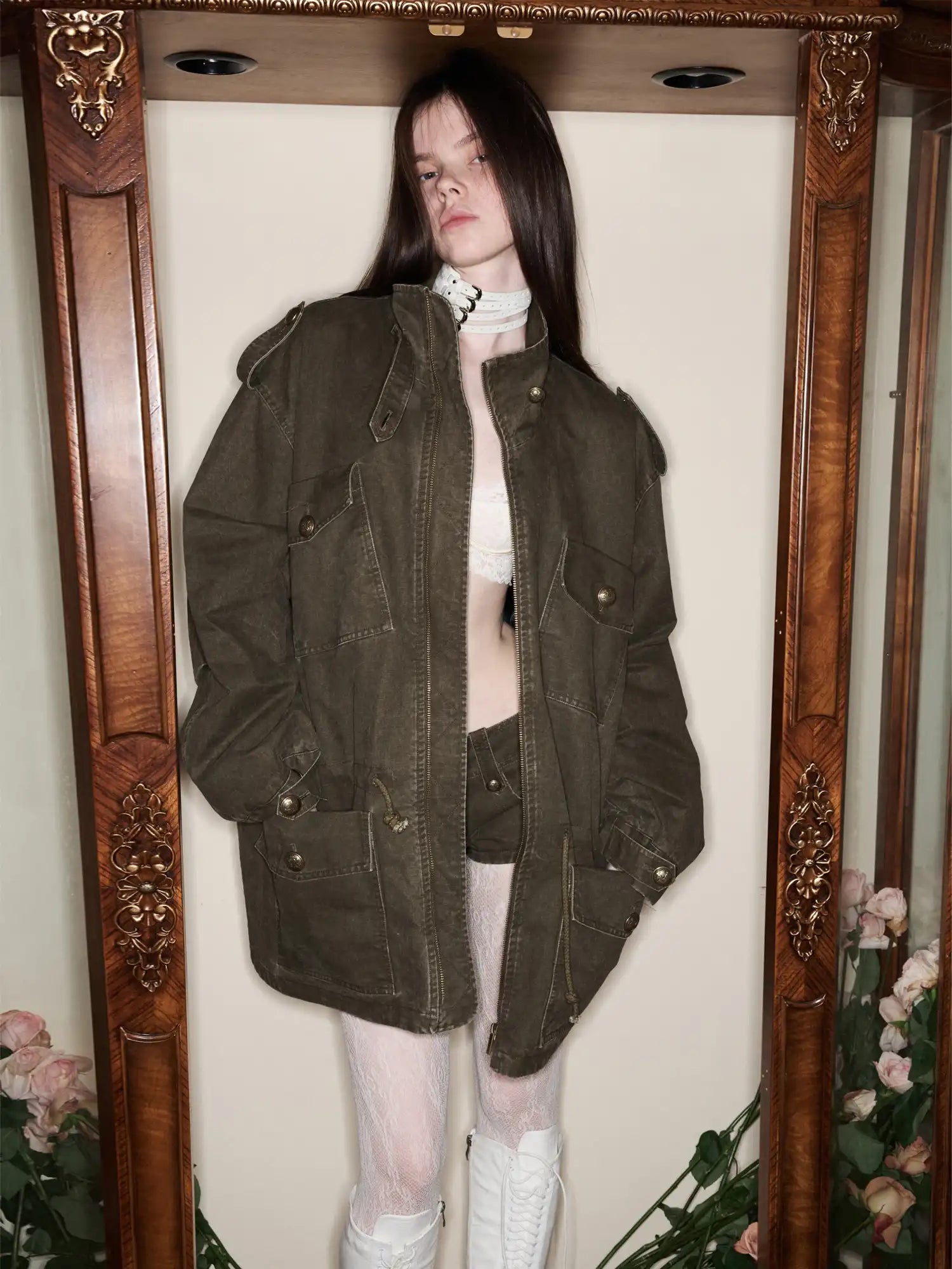 1Jinn Studio 90s Vintage Y2K Drawstring Waist Oversized Military Zip Jacket | Canton Collective