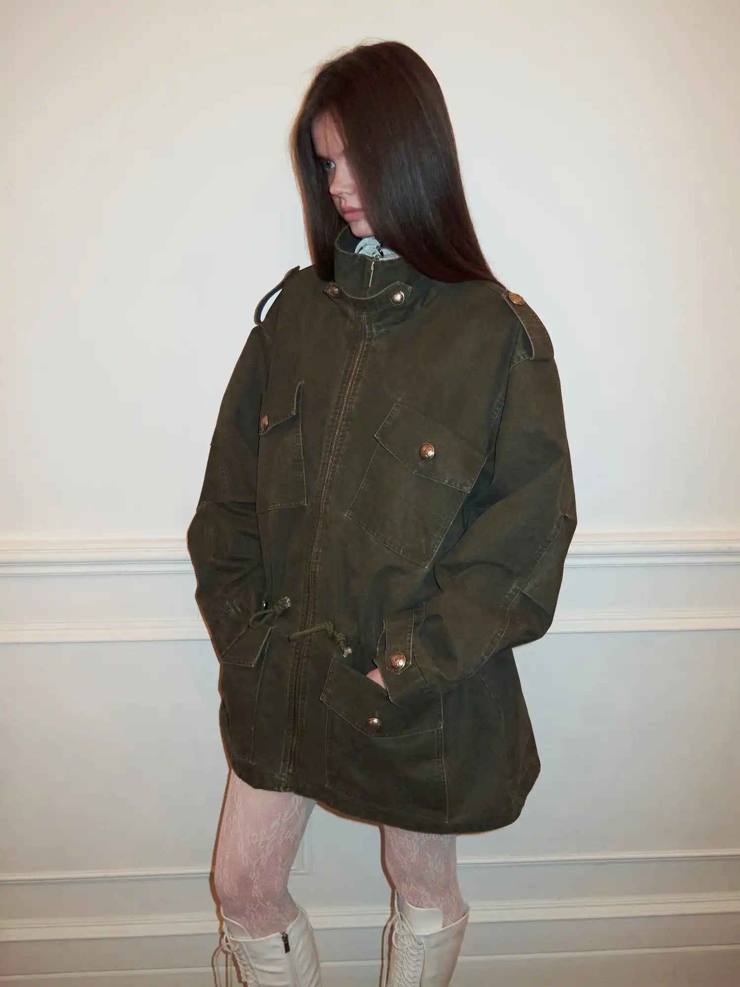 1Jinn Studio 90s Vintage Y2K Drawstring Waist Oversized Military Zip Jacket | Canton Collective