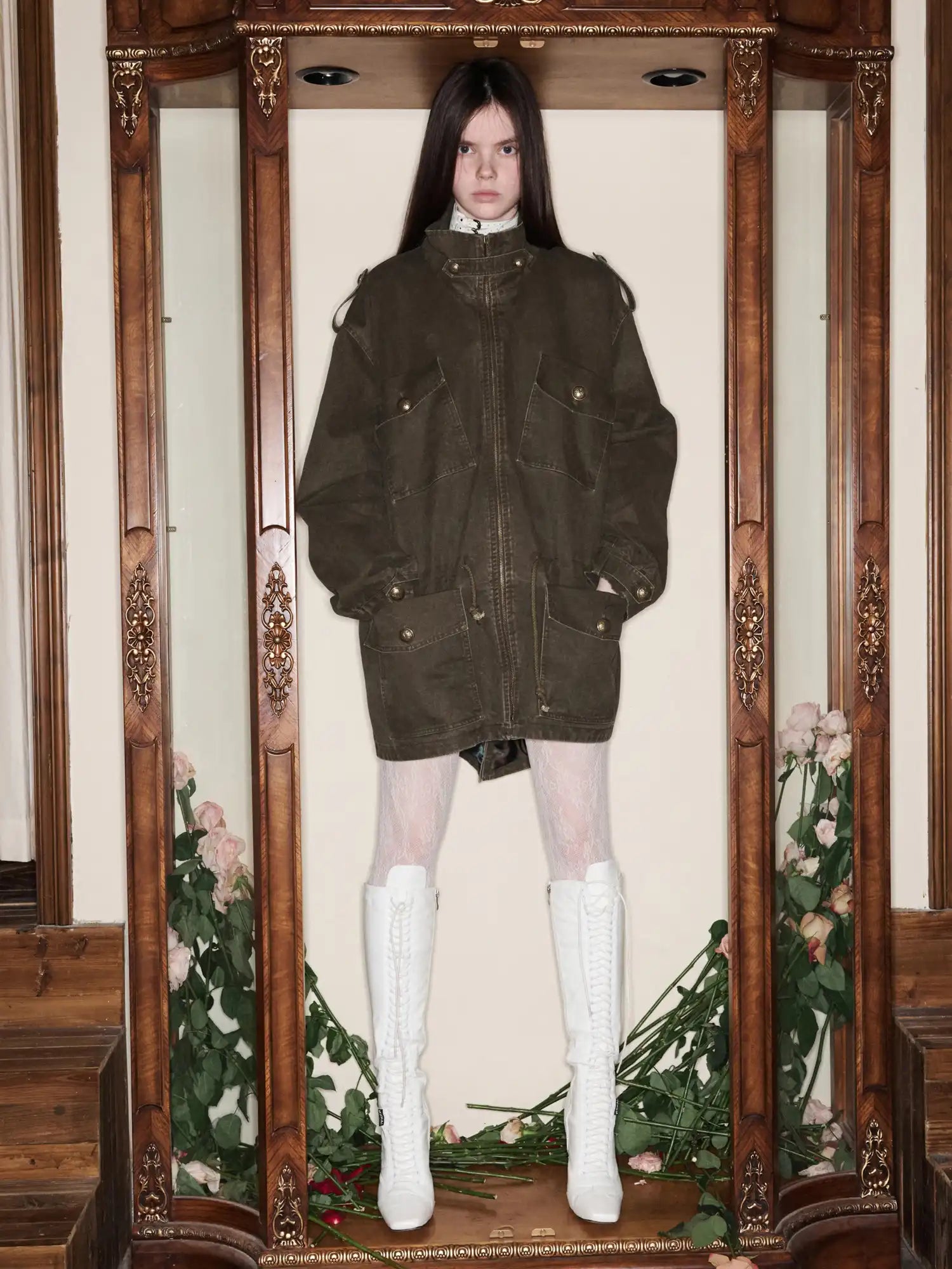 1Jinn Studio 90s Vintage Y2K Drawstring Waist Oversized Military Zip Jacket | Canton Collective