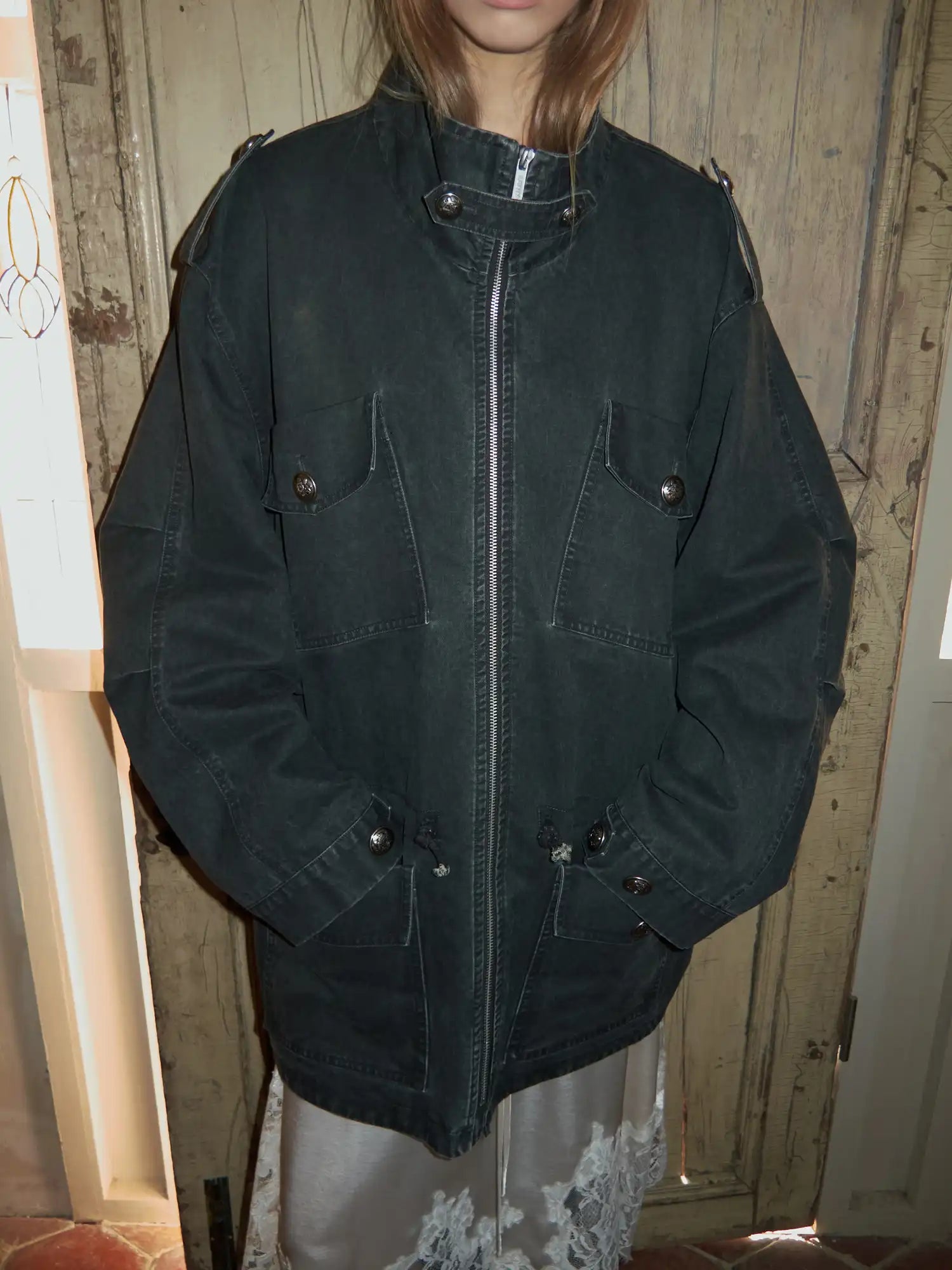 1Jinn Studio 90s Vintage Y2K Drawstring Waist Oversized Military Zip Jacket | Canton Collective