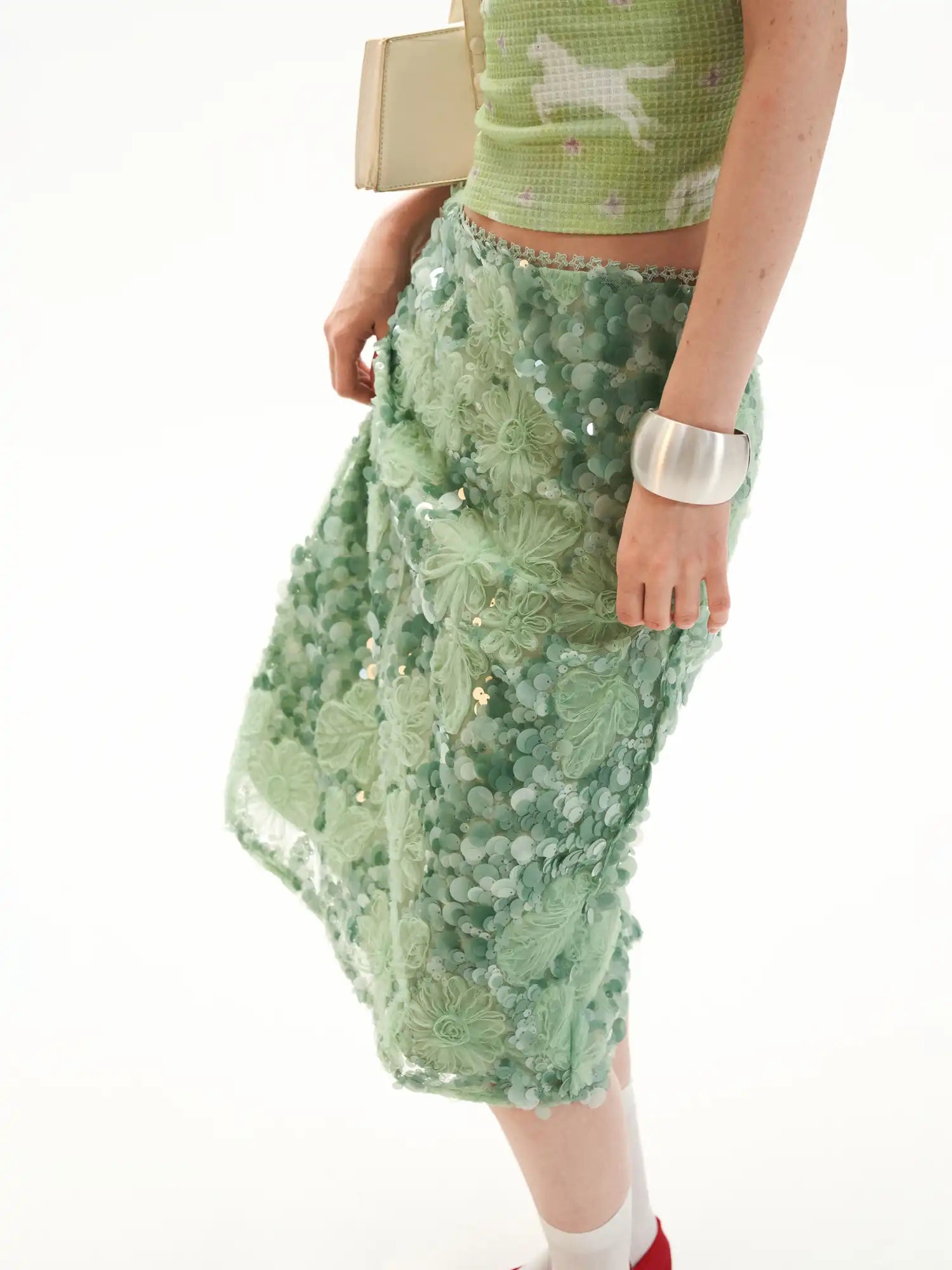 MAMC Applique Floral Soft Green Sequin Midi Skirt | Canton Collective