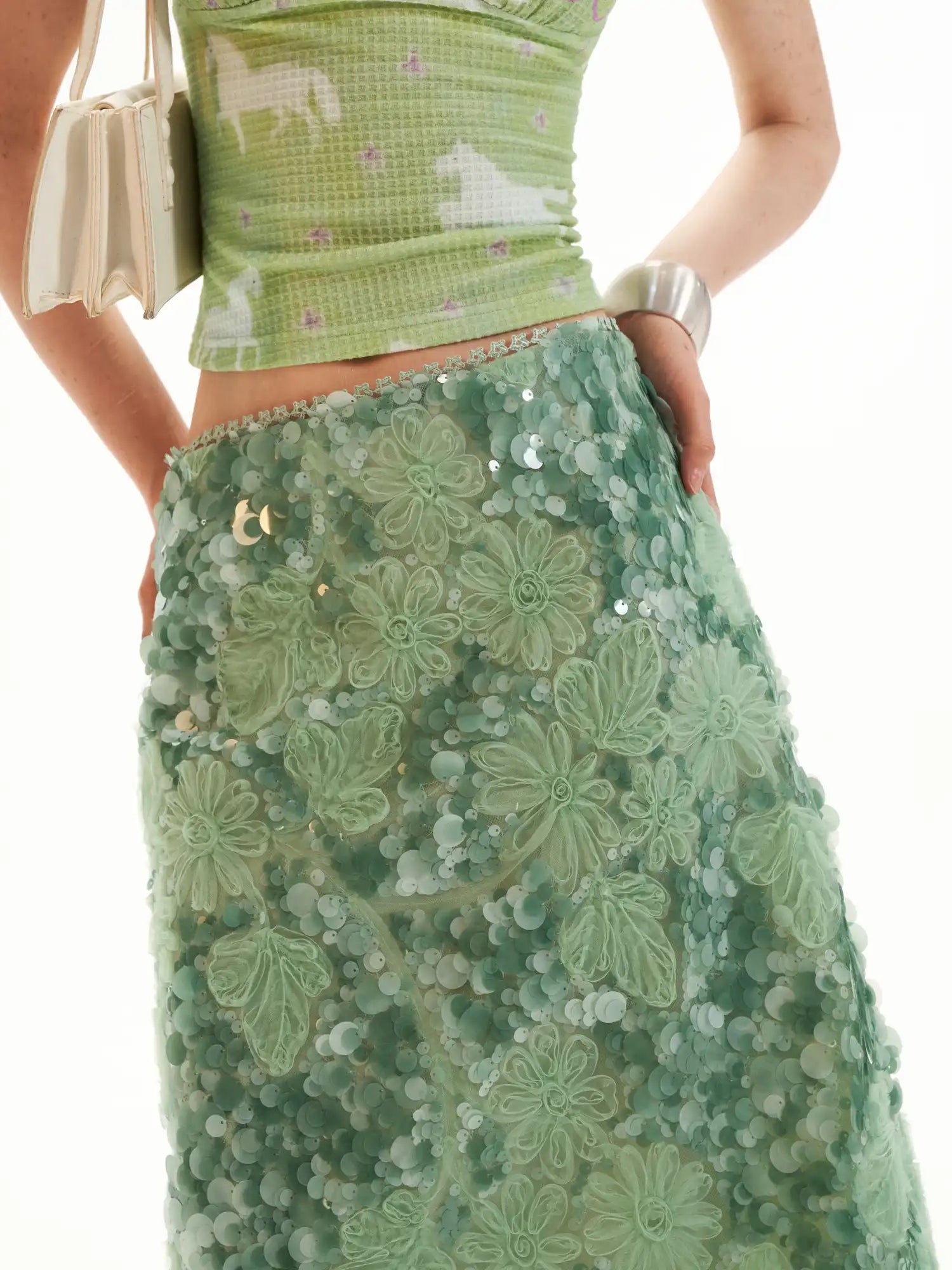 MAMC Applique Floral Soft Green Sequin Midi Skirt | Canton Collective