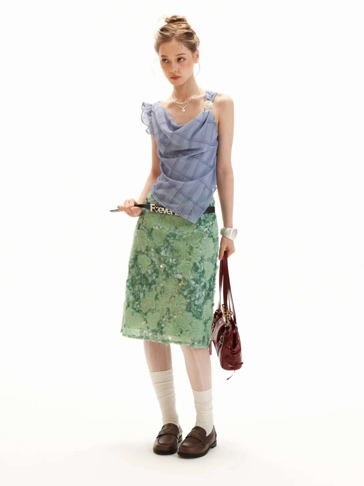 MAMC Applique Floral Soft Green Sequin Midi Skirt | Canton Collective