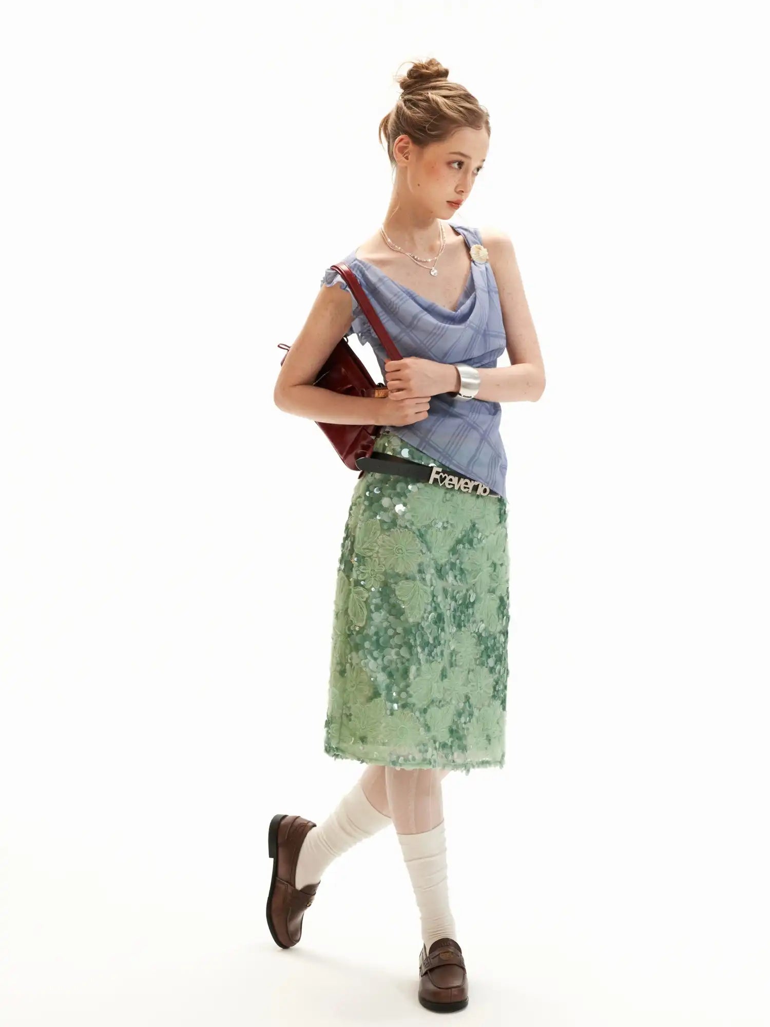 MAMC Applique Floral Soft Green Sequin Midi Skirt | Canton Collective