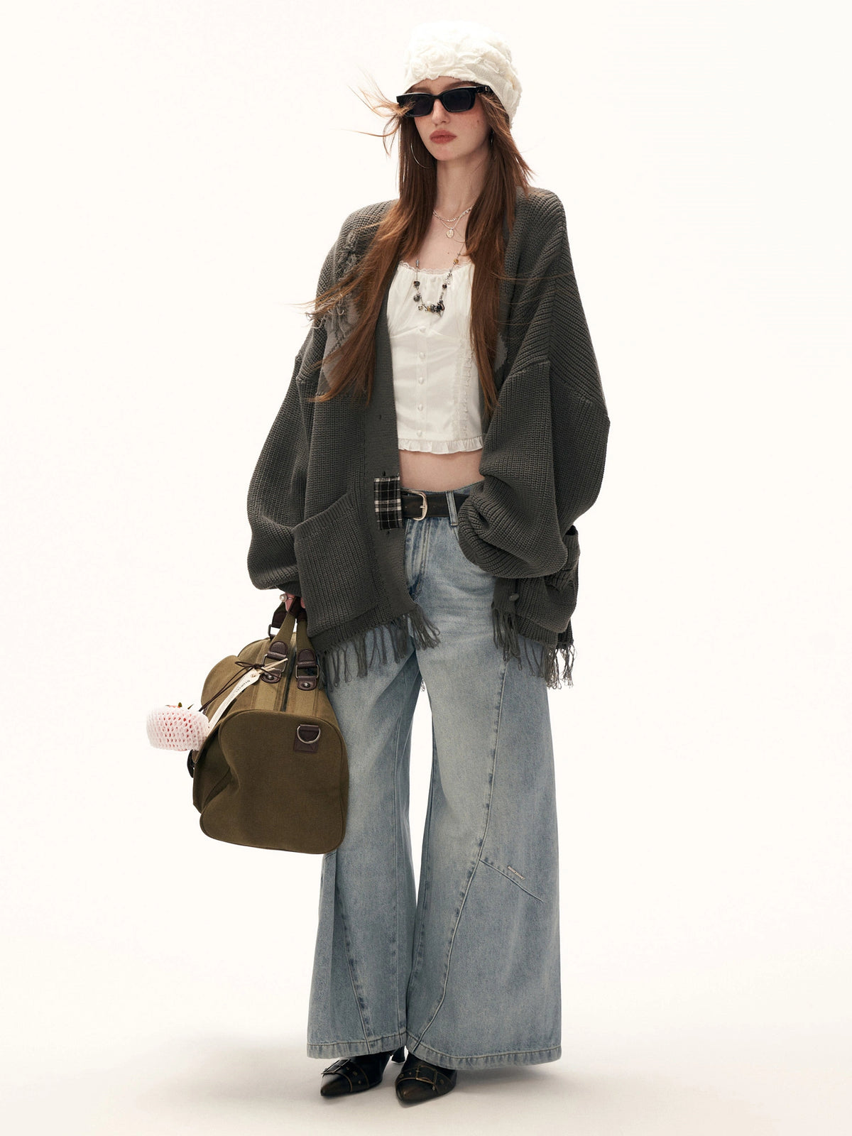 MAMC Argyle Intarsia Fringe-Hem Knit Cardigan | Canton Collective