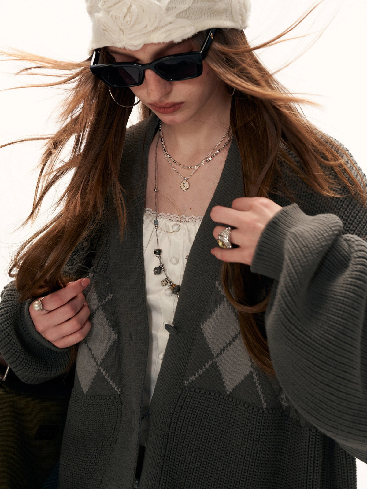MAMC Argyle Intarsia Fringe-Hem Knit Cardigan | Canton Collective