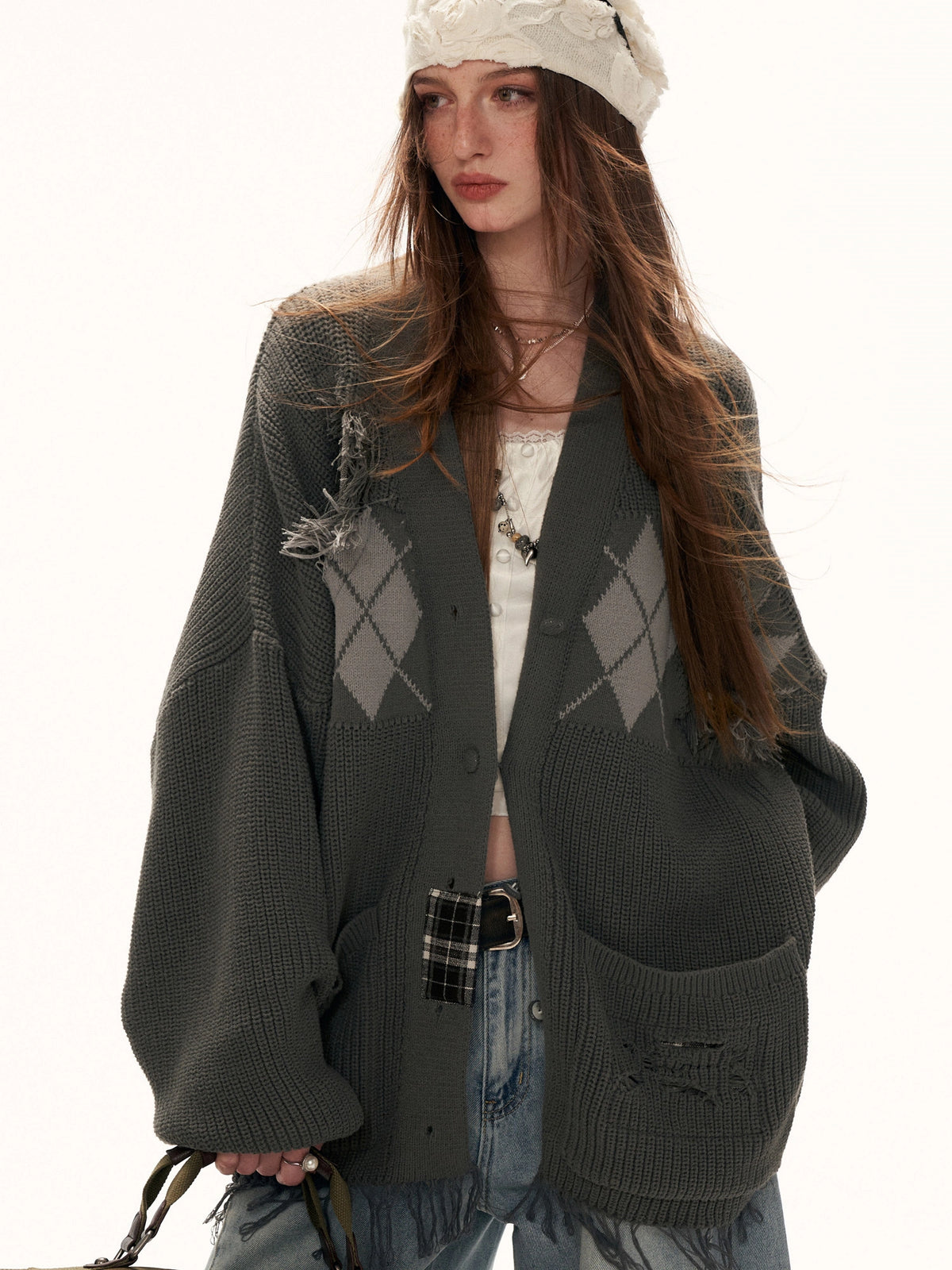 MAMC Argyle Intarsia Fringe-Hem Knit Cardigan | Canton Collective