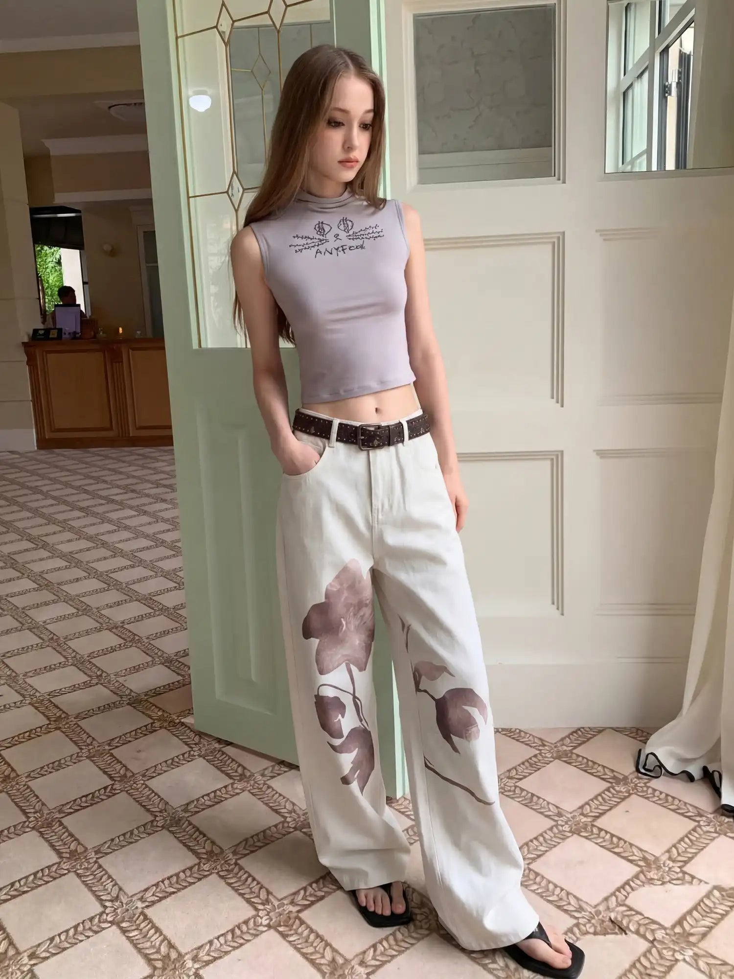 CantonCollective Design Artisan Washed Straight Jeans With Vintage Floral Sketch Print | Canton Collective