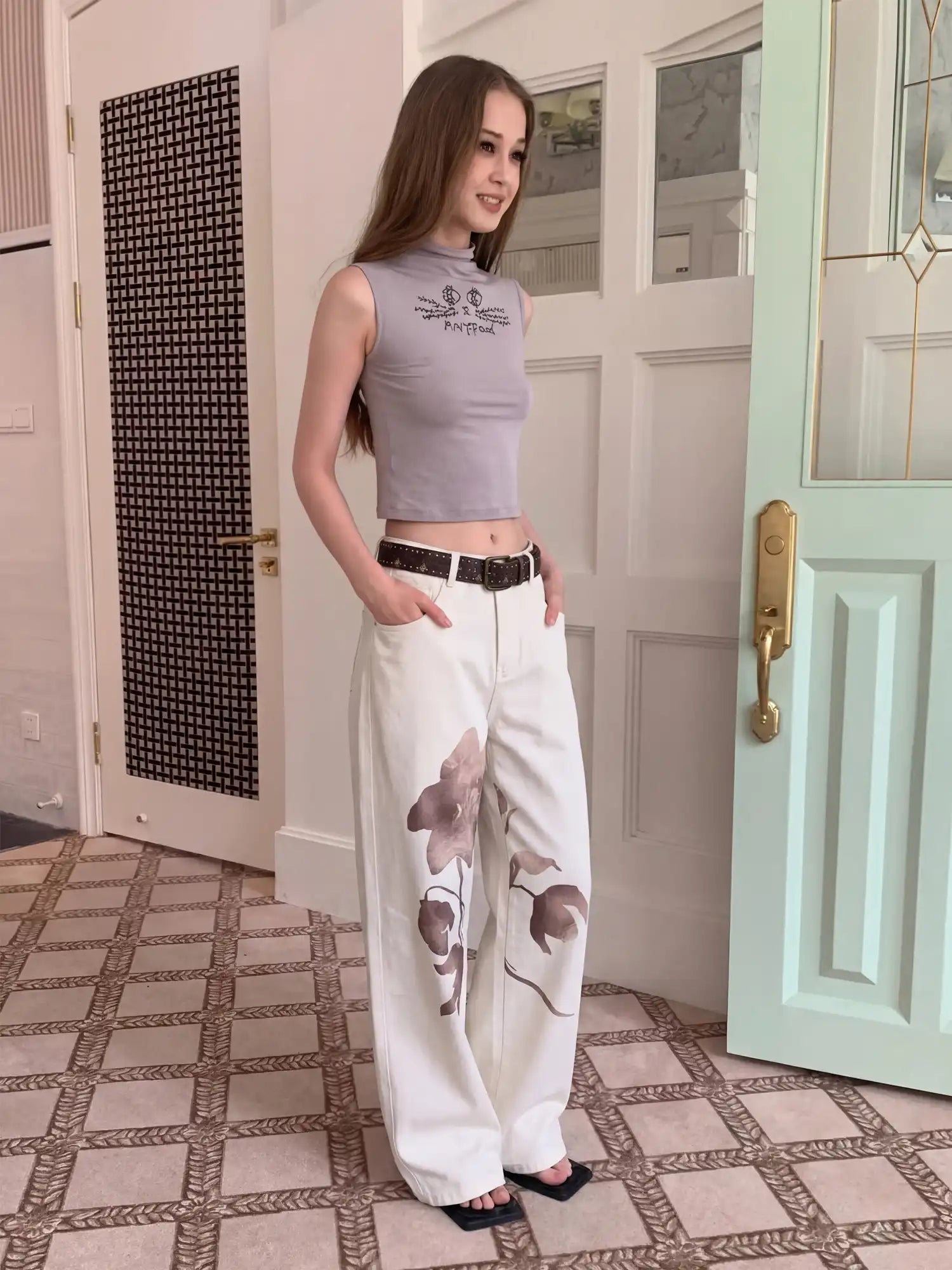 CantonCollective Design Artisan Washed Straight Jeans With Vintage Floral Sketch Print | Canton Collective