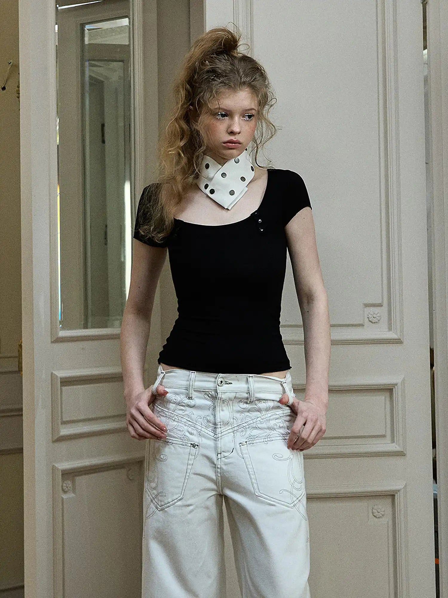 Deleteex Asymmetric Button Accent Fitted Stretch Short-Sleeve U-Neck Tee | Canton Collective