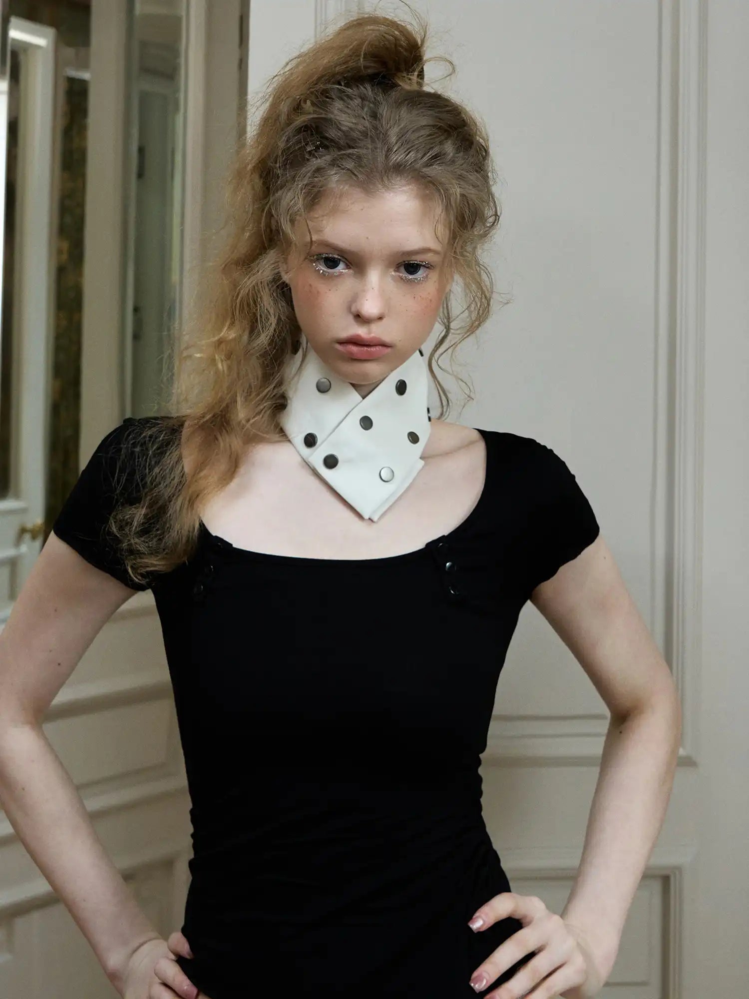 Deleteex Asymmetric Button Accent Fitted Stretch Short-Sleeve U-Neck Tee | Canton Collective