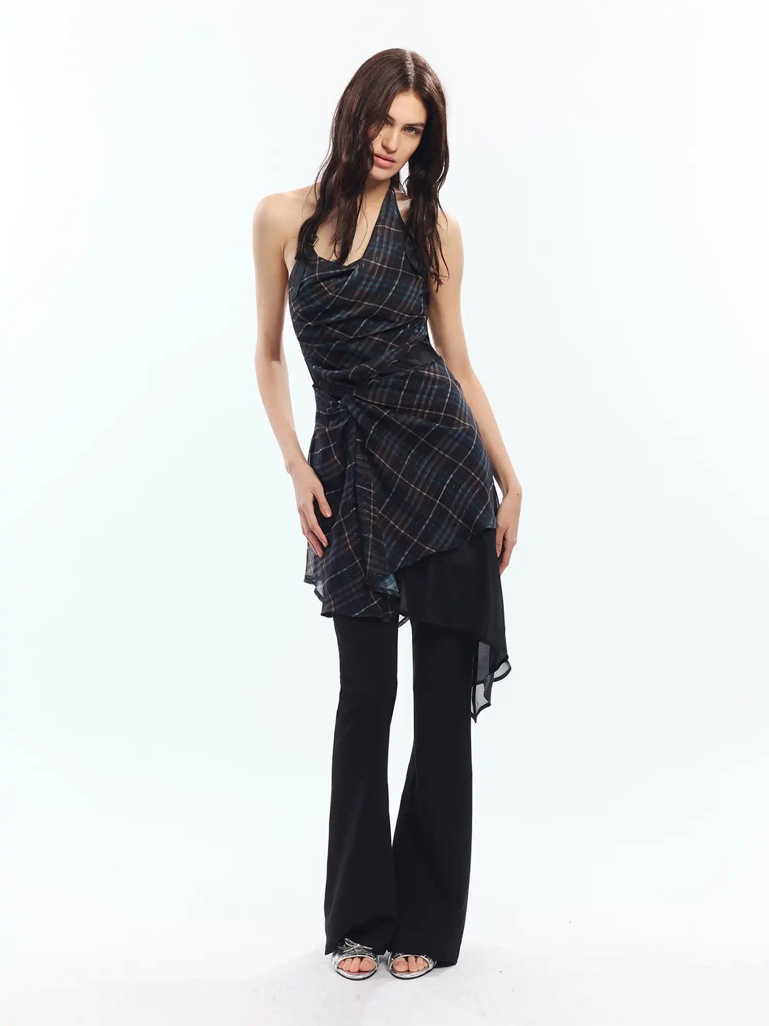 2th Desire Asymmetric Hem Backless Plaid Halter Dress | Canton Collective