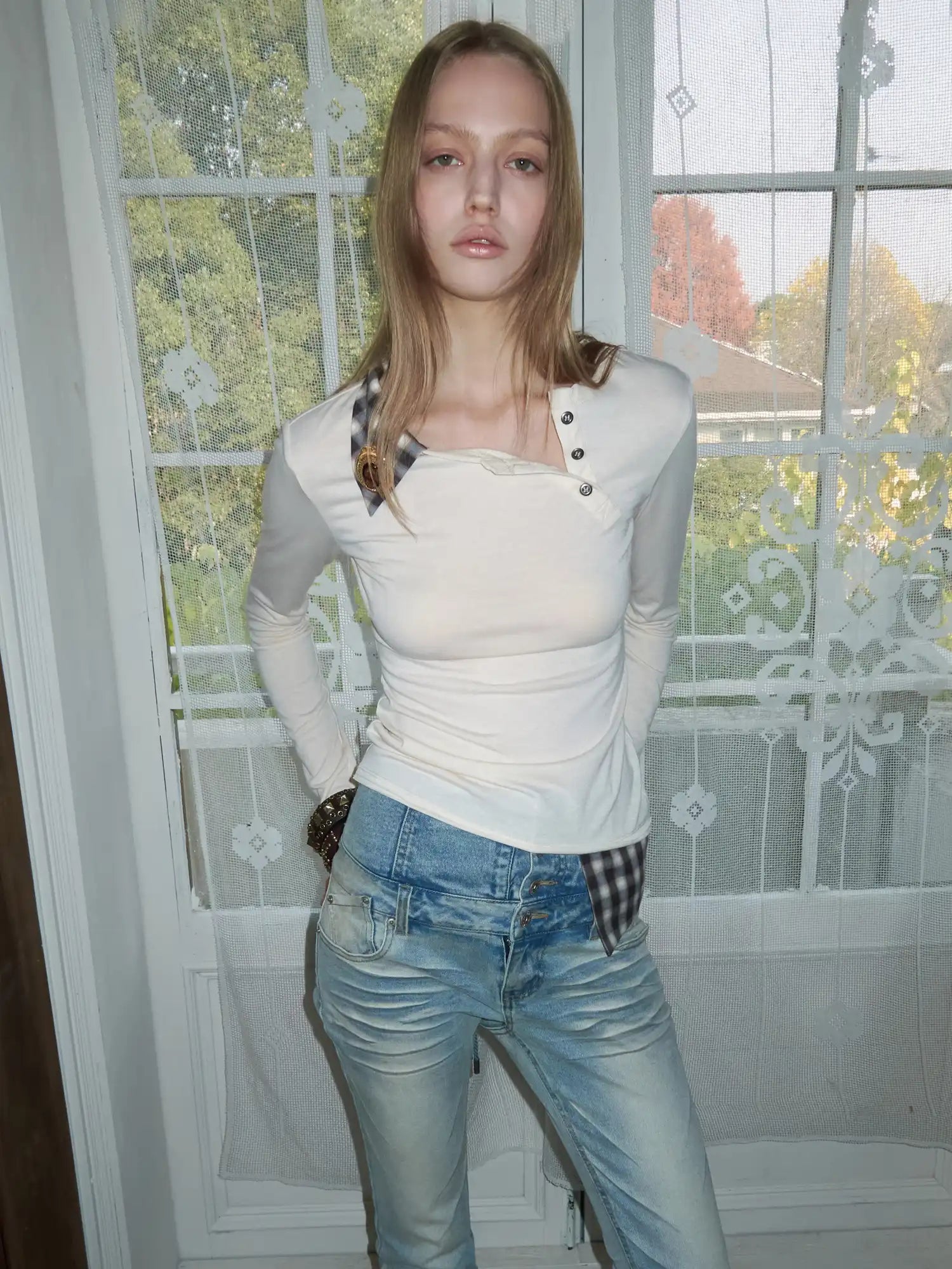 1Jinn Studio Asymmetric Panel Henley Top With Check Tee | Canton Collective