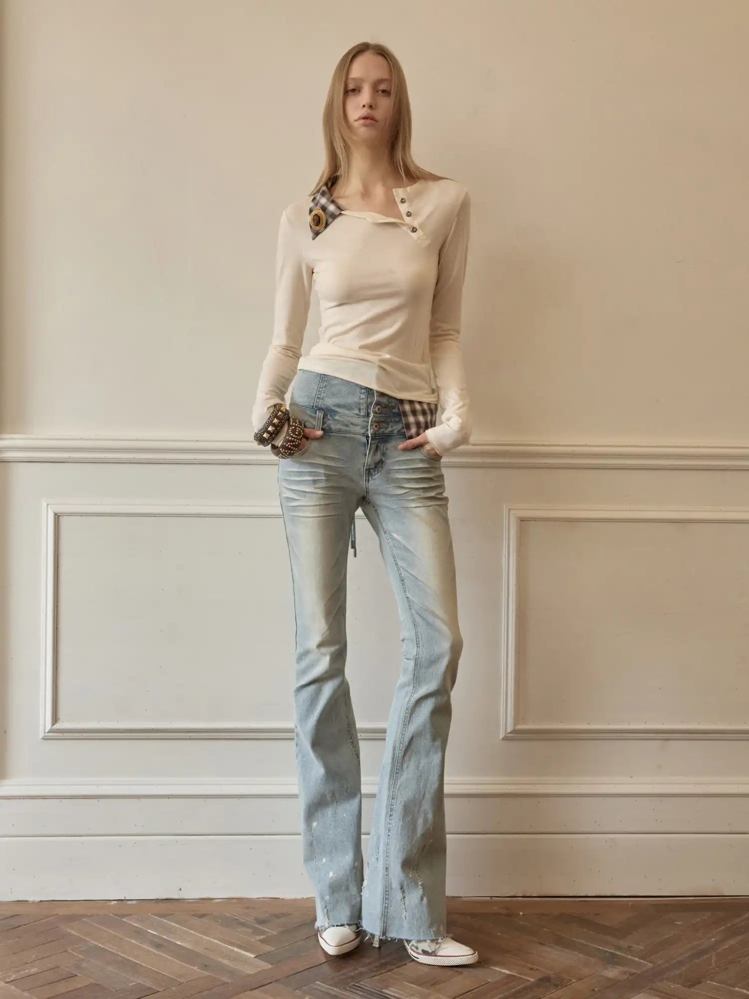 1Jinn Studio Asymmetric Panel Henley Top With Check Tee | Canton Collective