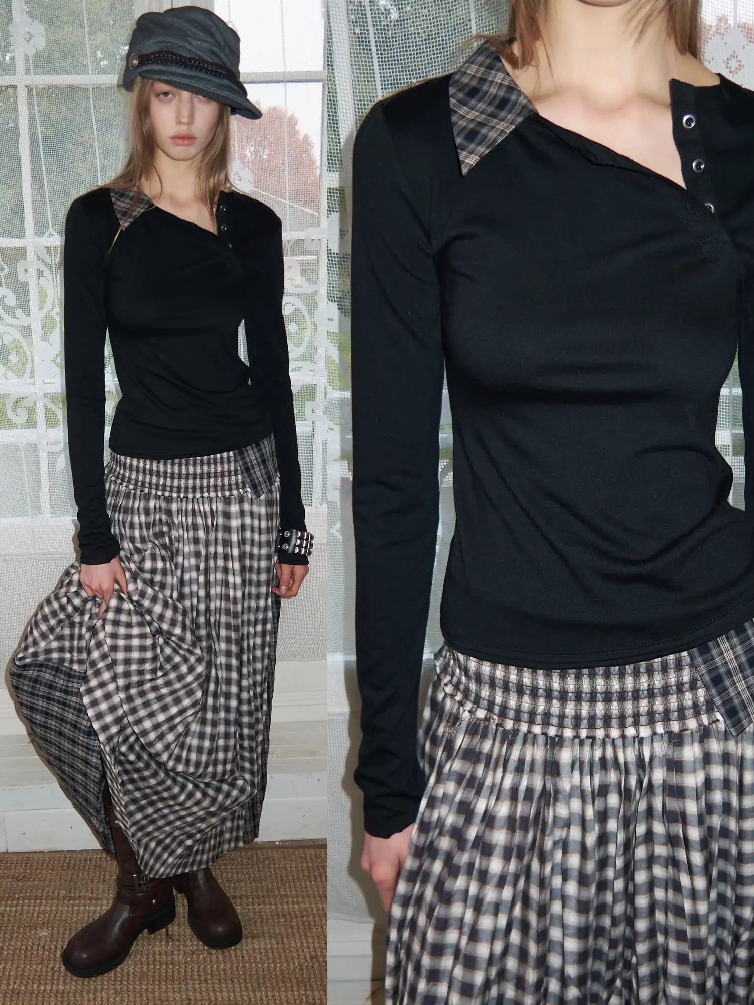 1Jinn Studio Asymmetric Panel Henley Top With Check Tee | Canton Collective