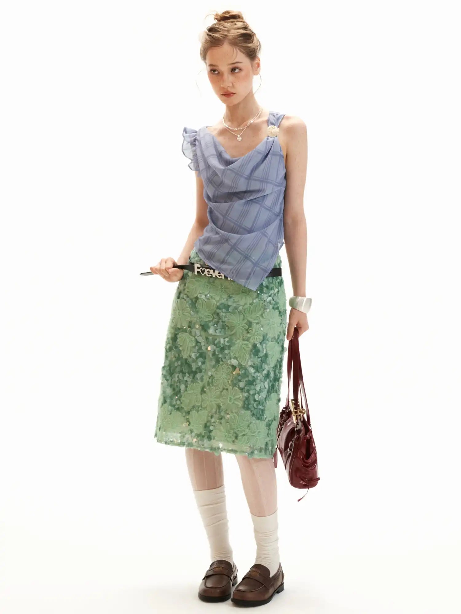 MAMC Asymmetric Ruffle Chiffon Tank Top with Grid Print | Canton Collective