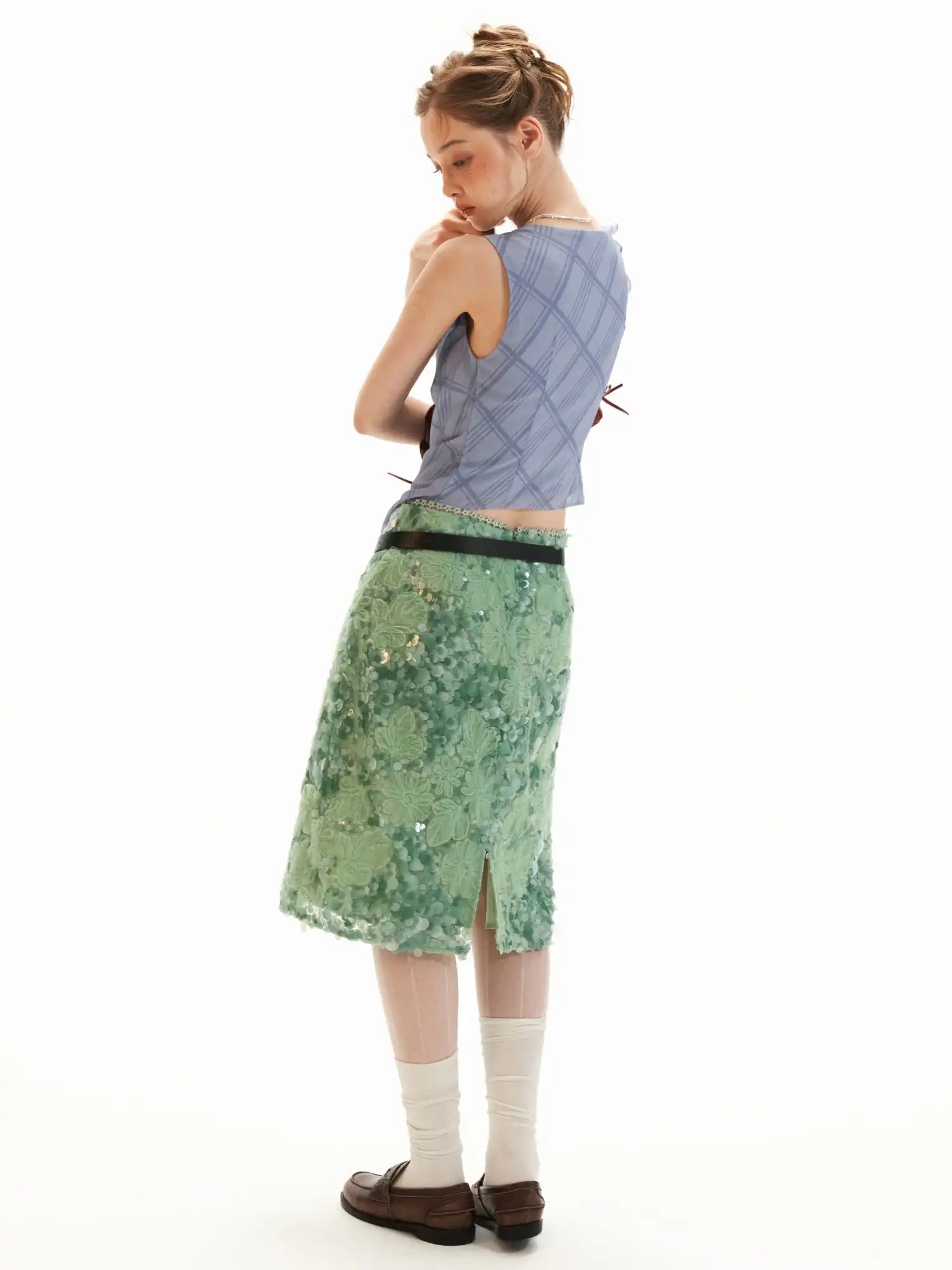 MAMC Asymmetric Ruffle Chiffon Tank Top with Grid Print | Canton Collective