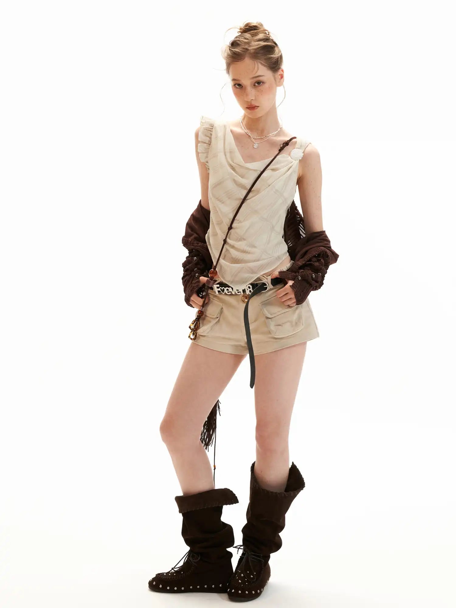 MAMC Asymmetric Ruffle Chiffon Tank Top with Grid Print | Canton Collective