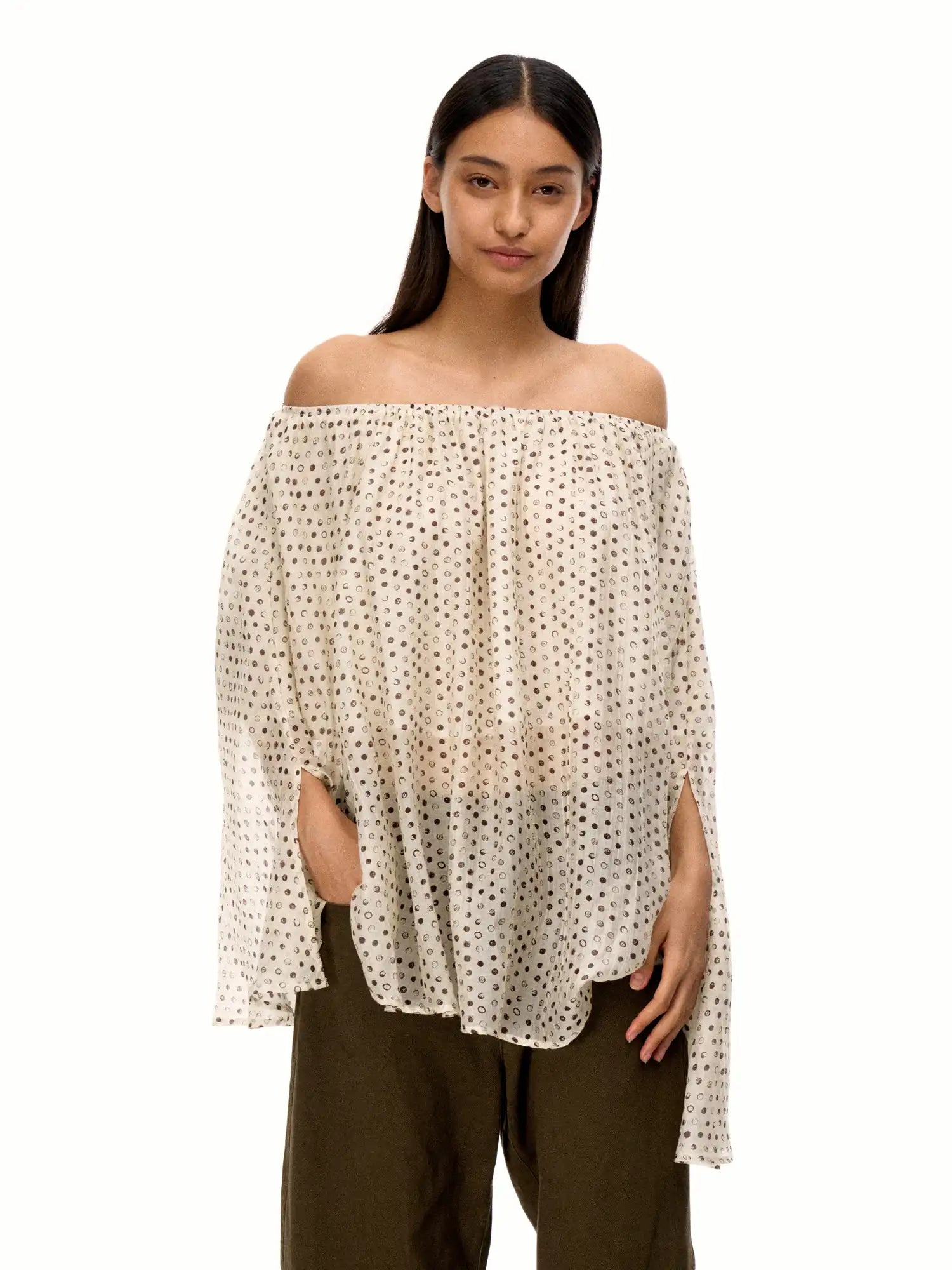 FirstFloor Asymmetrical Off Shoulder Sheer Mesh Cape With Polka Dot | Canton Collective
