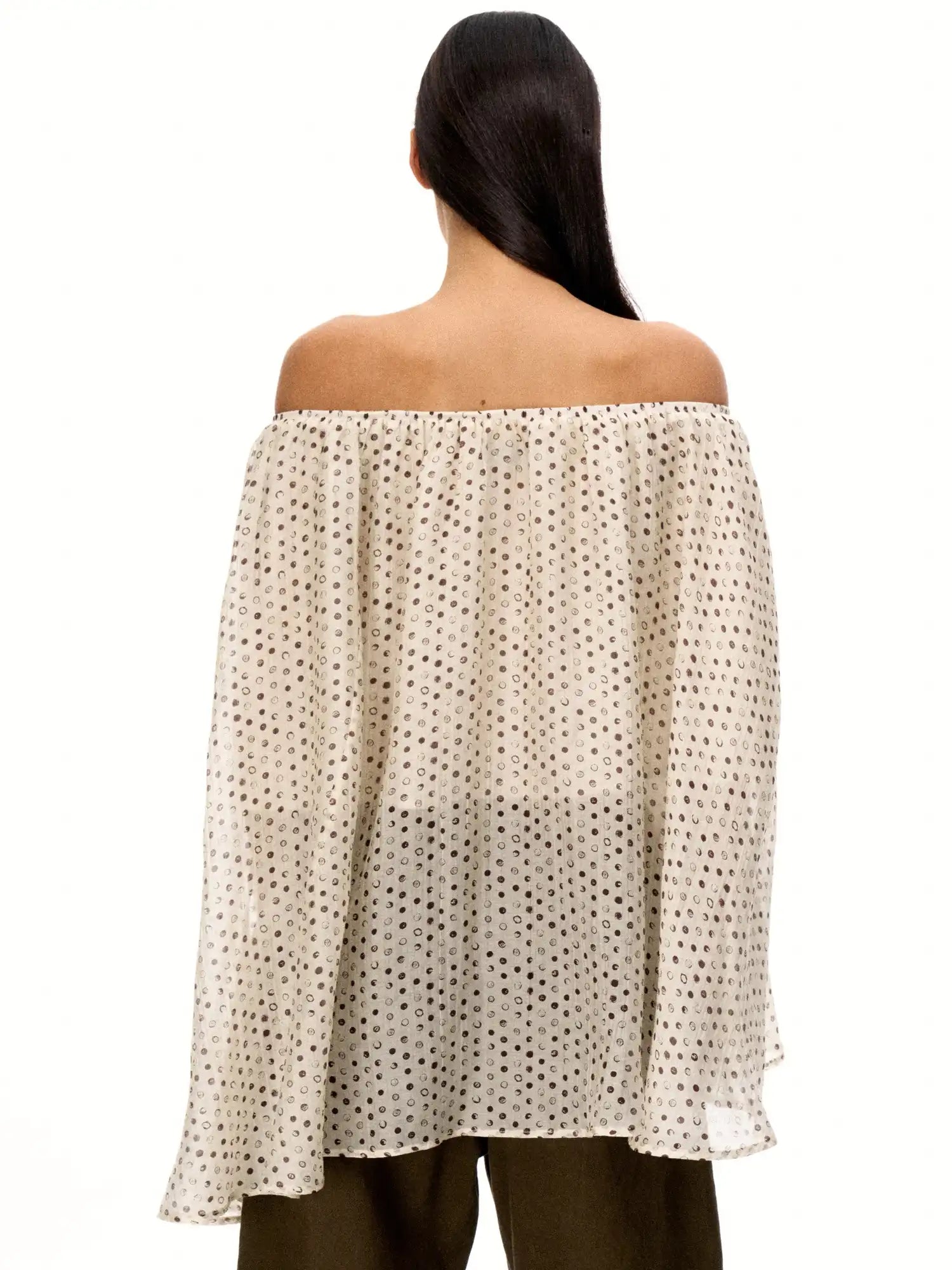 FirstFloor Asymmetrical Off Shoulder Sheer Mesh Cape With Polka Dot | Canton Collective