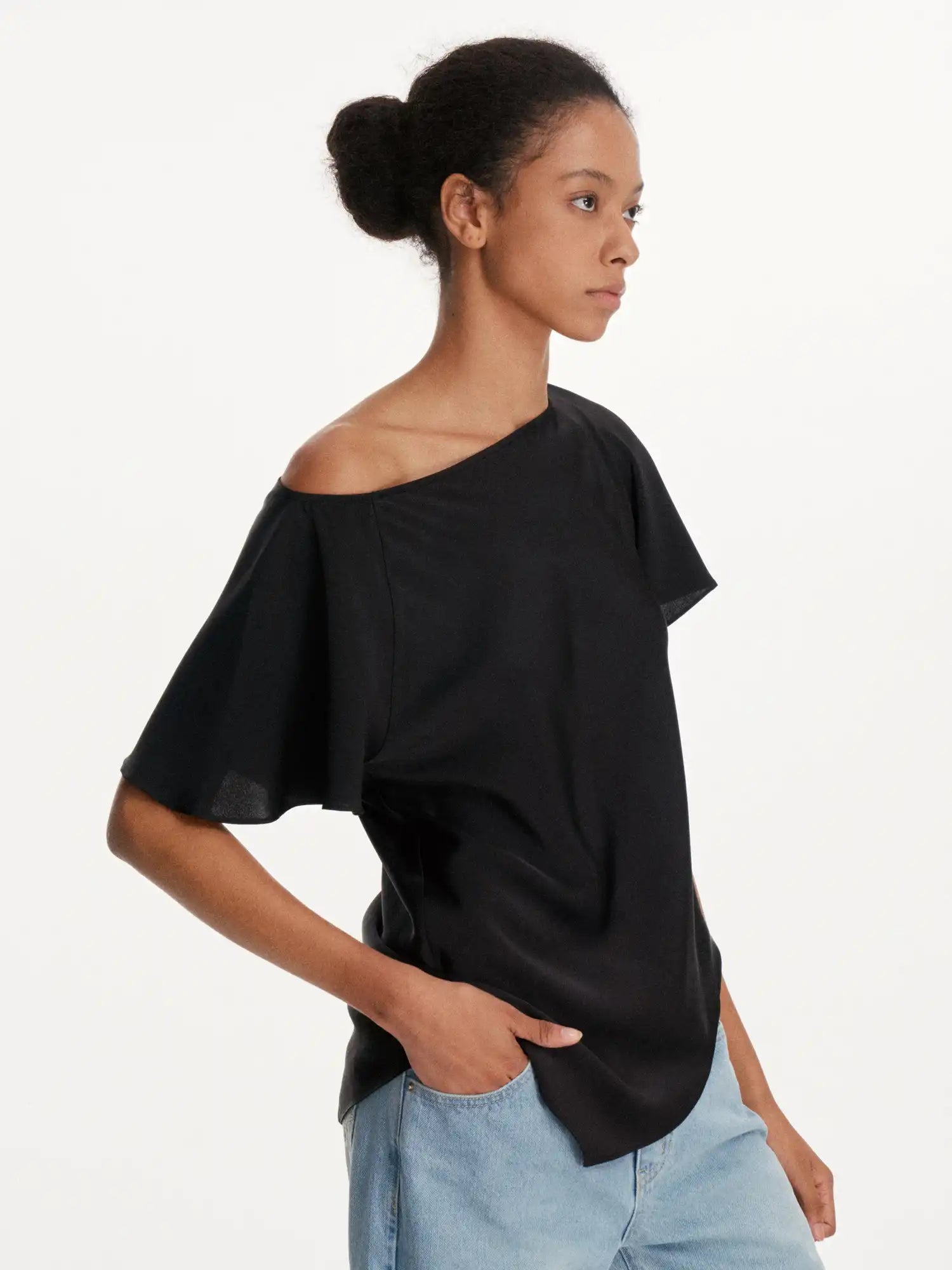 First Floor Asymmetrical Satin-Feel Off Shoulder Draped Top | Canton Collective