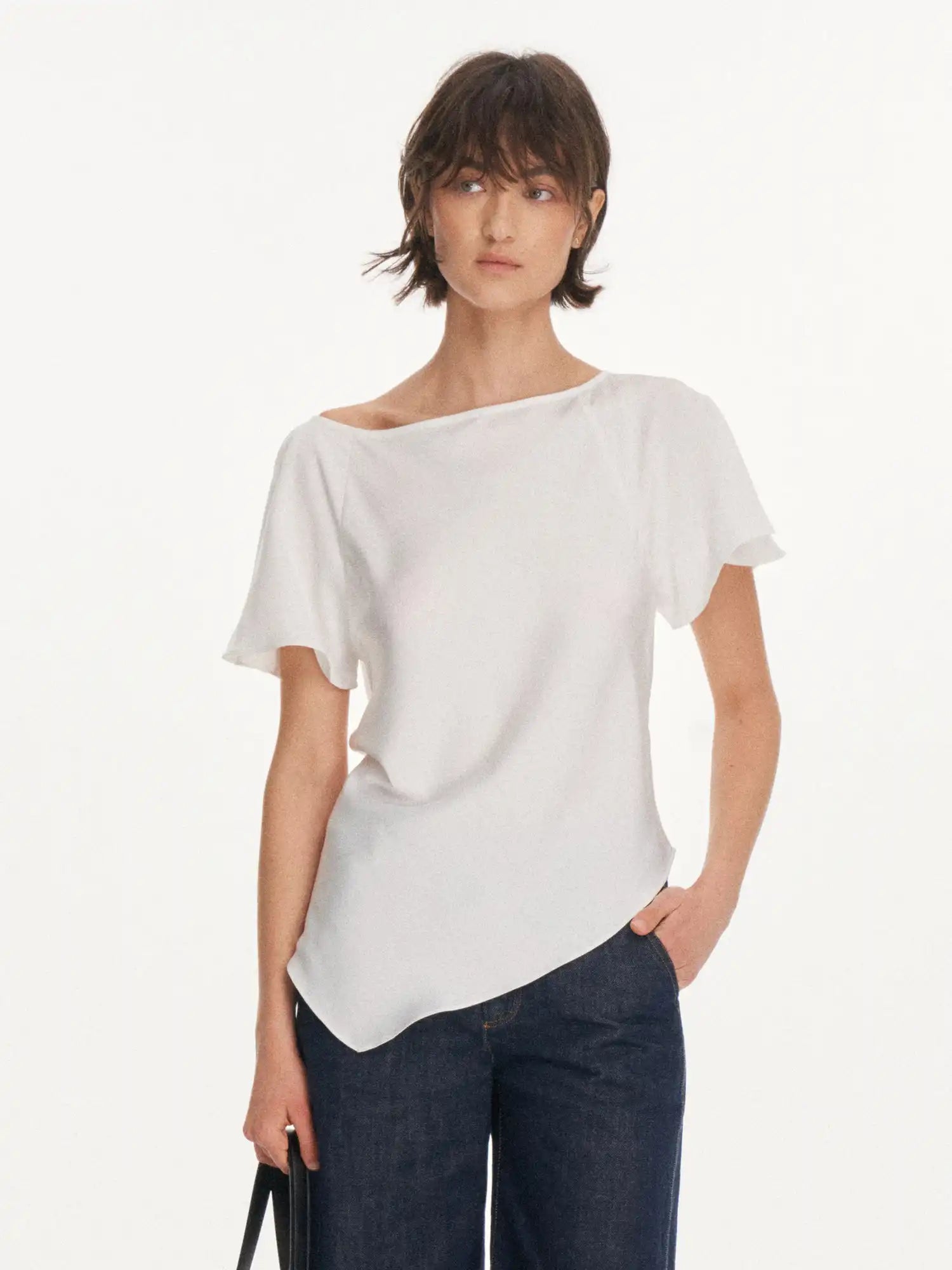 First Floor Asymmetrical Satin-Feel Off Shoulder Draped Top | Canton Collective