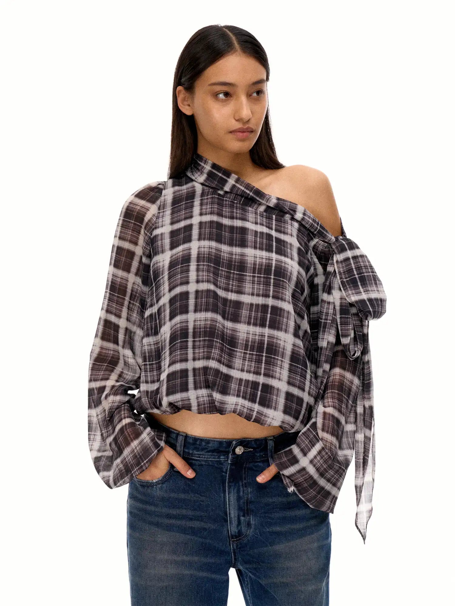 FirstFloor Asymmetrical Sheer Plaid One Shoulder Tie Detail Blouse | Canton Collective