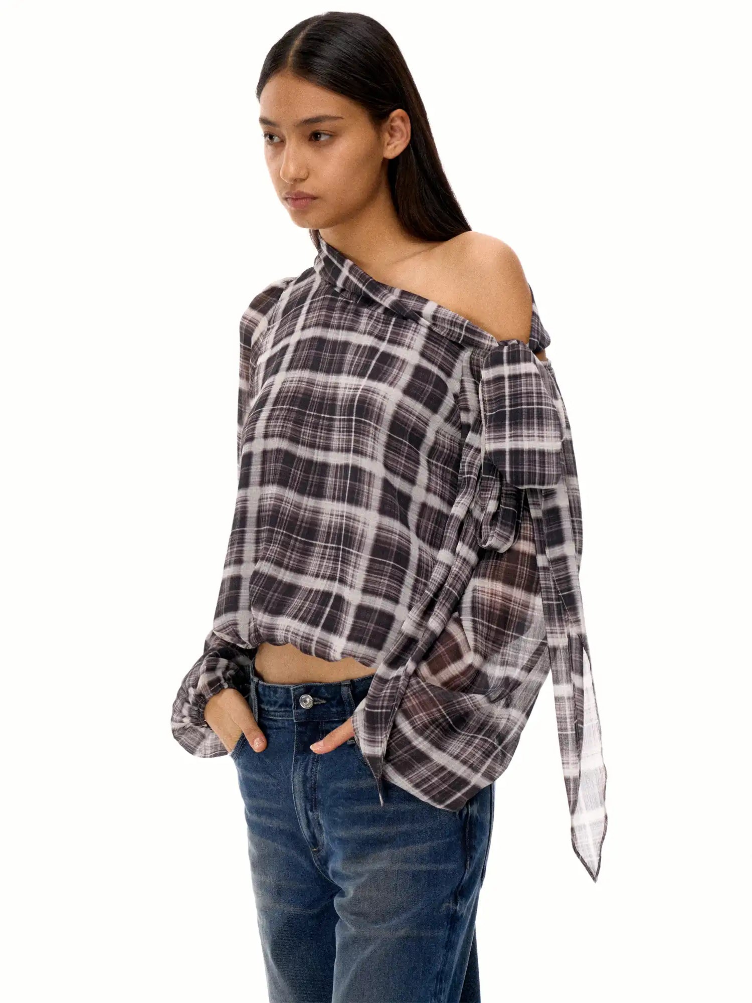 FirstFloor Asymmetrical Sheer Plaid One Shoulder Tie Detail Blouse | Canton Collective