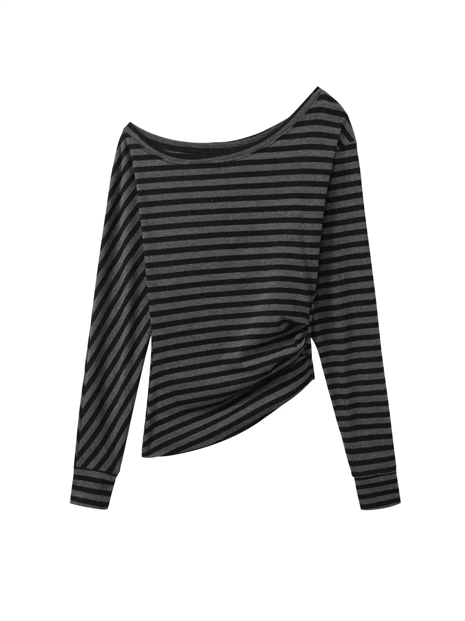Asymmetrical Striped Ruched Long Sleeve Top