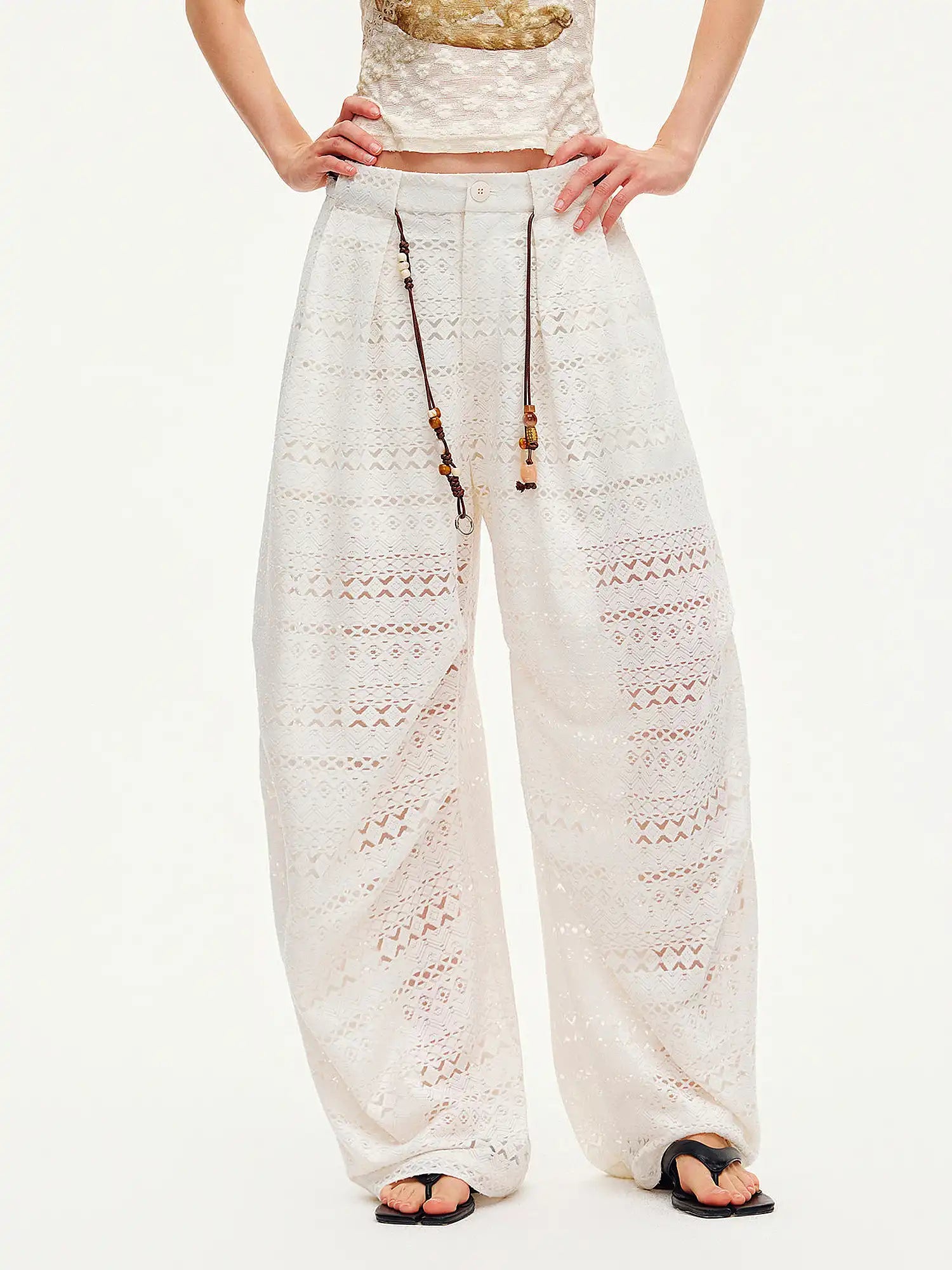 Outtheblue Beaded Drawstring Lace Wide-Leg Palazzo Pants | Canton Collective
