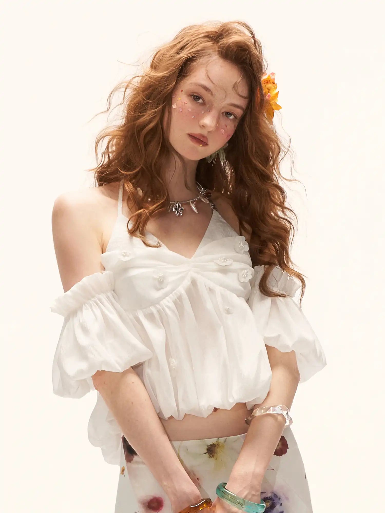 MAMC Beaded Floral Sheer Babydoll Halter Top | Canton Collective