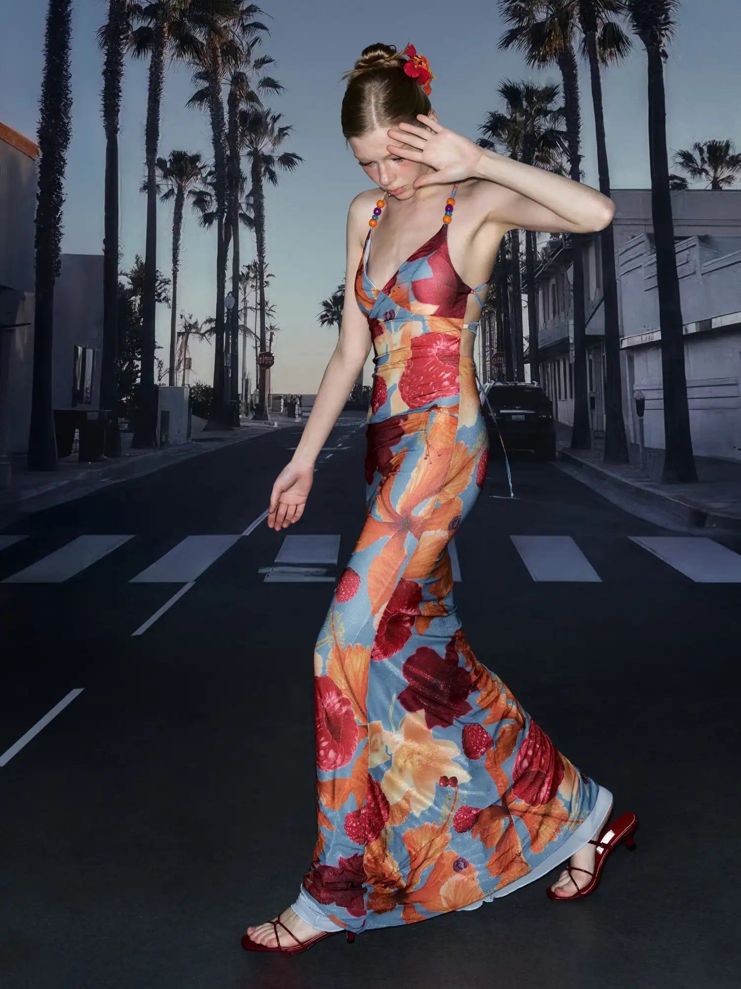 Deleteex Beaded Strap Tropical Hibiscus Long Dress | Canton Collective