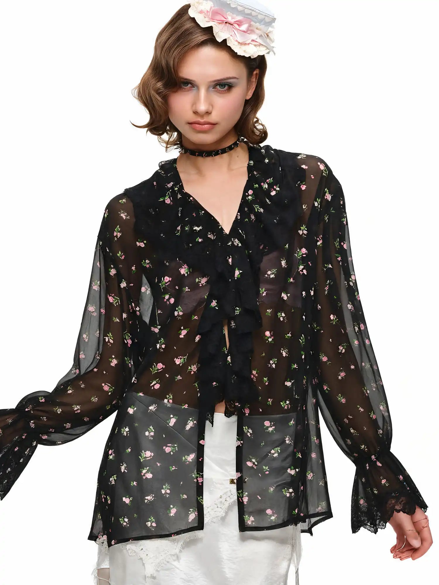 1Jinn Studio Black Floral Semi-Sheer Chiffon Blouse | Canton Collective